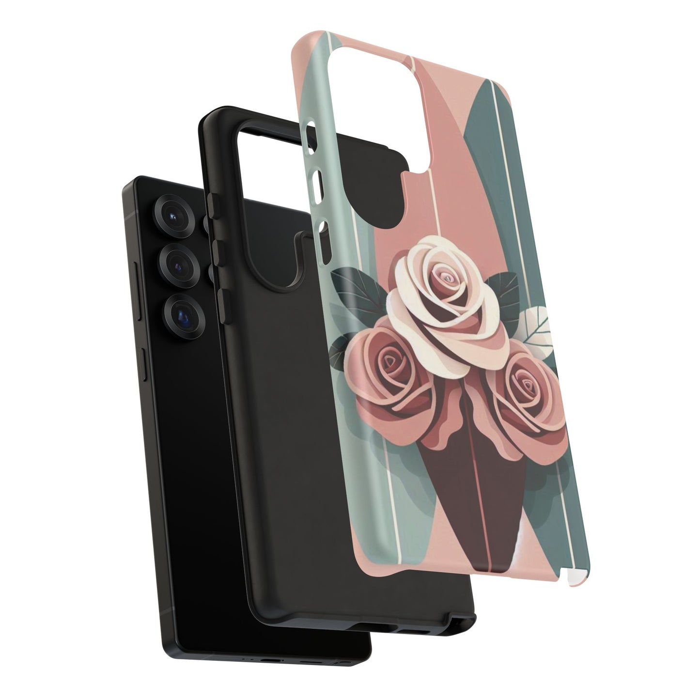 Phone Case - Burgundy, Matte Mauve & Teal Surfboard & Roses Design