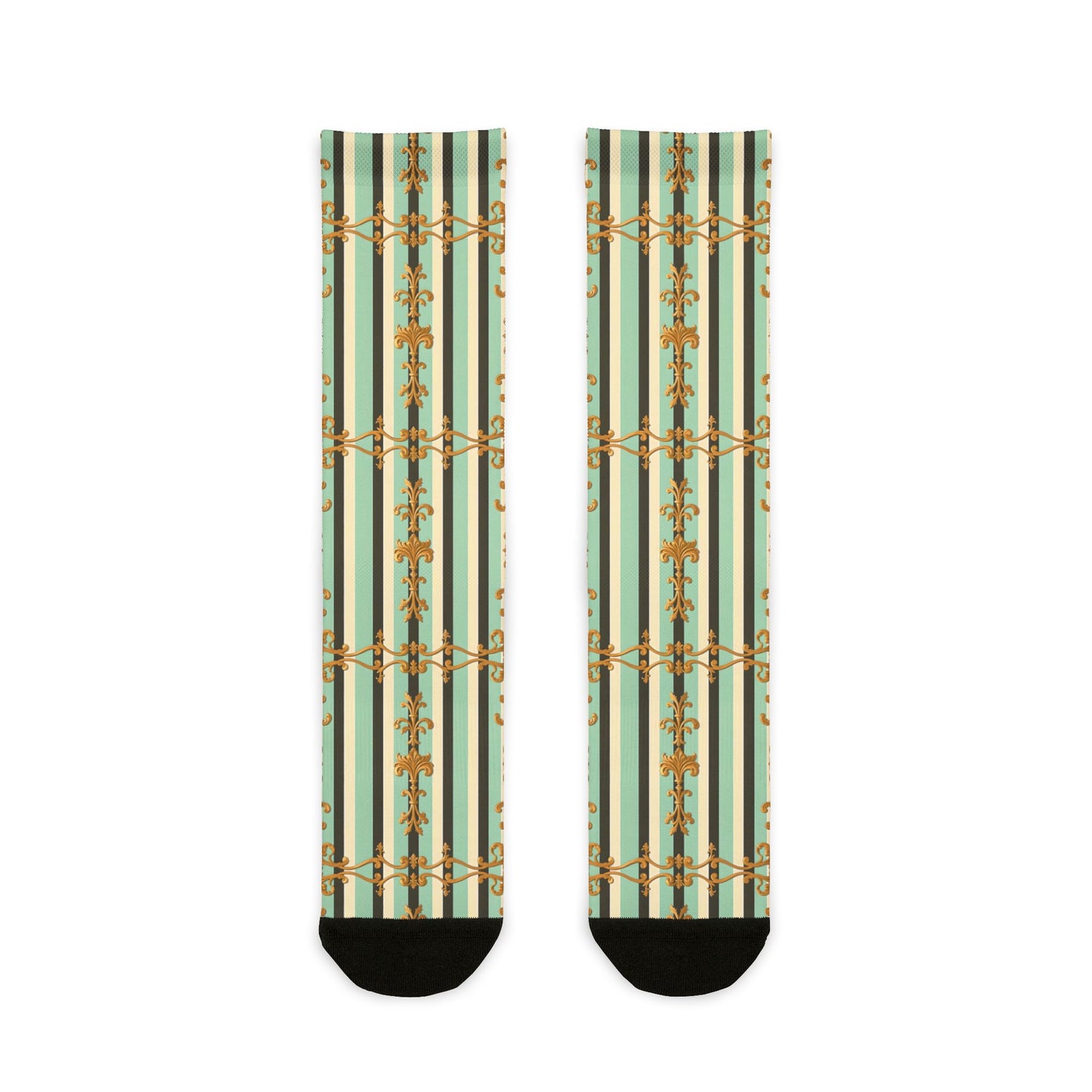Chic Patterned Crew Socks | Cozy Stocking Stuffer, Trendy Gift, Fashion Accessory - Black & Matte Mint Striped Rococo