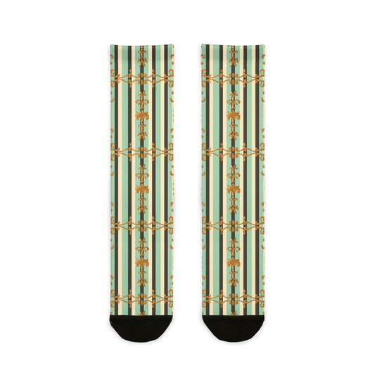 Chic Patterned Crew Socks | Cozy Stocking Stuffer, Trendy Gift, Fashion Accessory - Black & Matte Mint Striped Rococo
