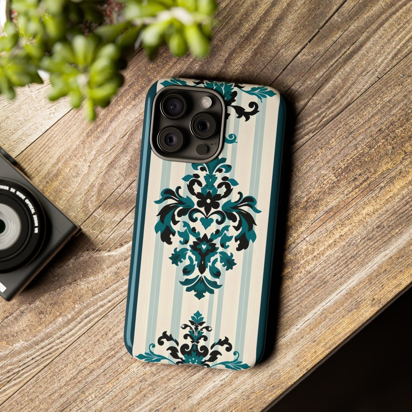 Elegant Floral Phone Case - Tough Cases with Vintage Design - Teal Striped Damask