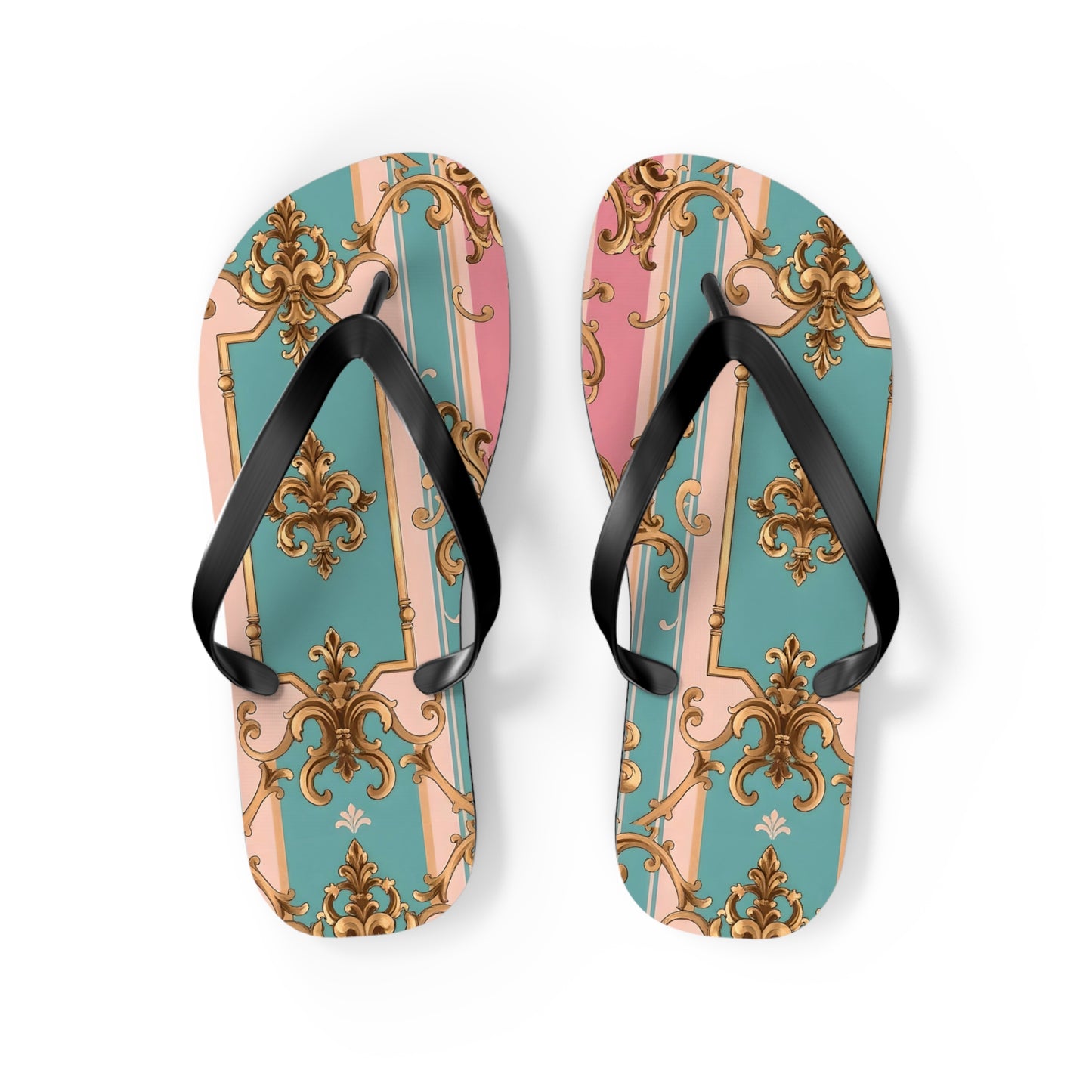 Stylish Flip Flops: Vintage Elegance for Summer Fun, Beachwear, Poolside, Vacation Essentials, Gift for Her - Pink & Matte Turquoise Striped Rococo