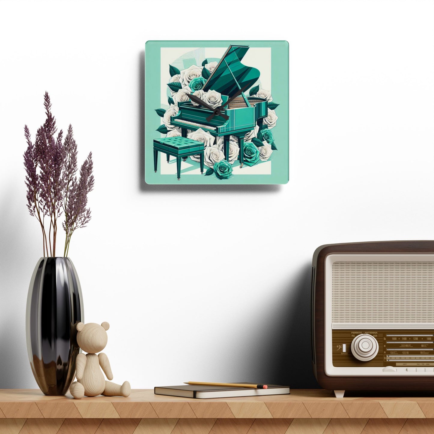 Elegant Aqua Piano and Roses Acrylic Wall Clock - Perfect Gift for Music Lovers