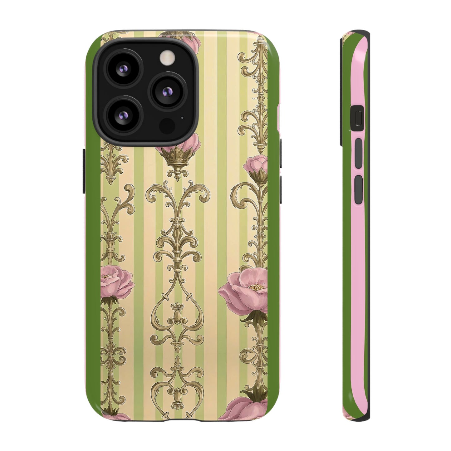 Elegant Floral Motif Phone Case - Tough Cases with Vintage Design - Lime Green & Pink Striped Damask