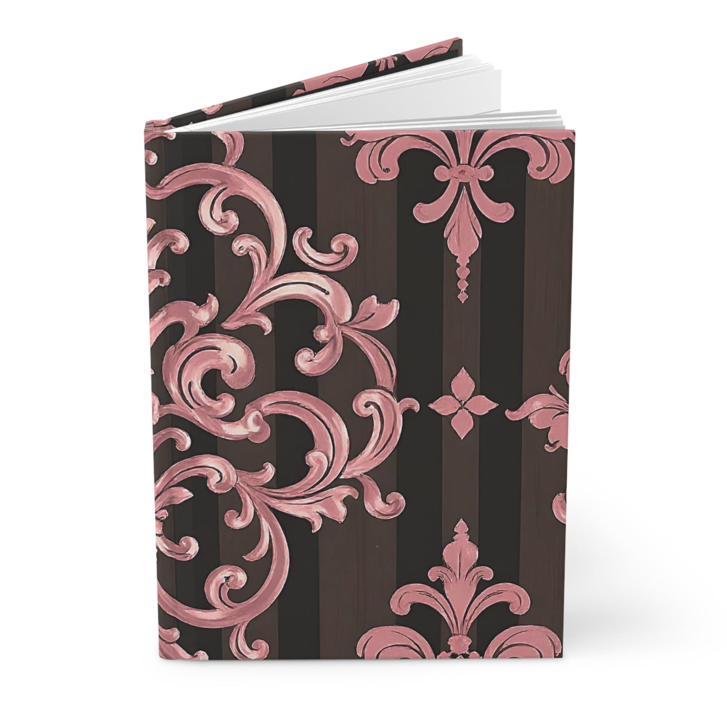 Elegant Floral Motif Hardcover Journal - Stylish Writing Notebook - Brown Striped Mauve Damask