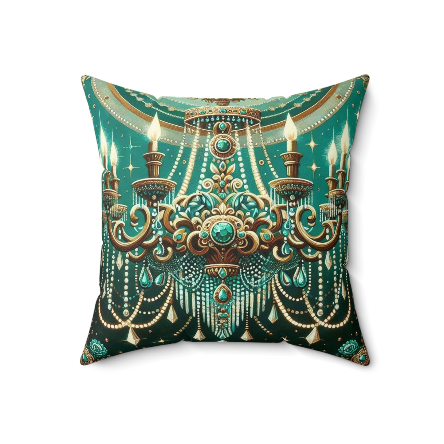 Chandelier Elegance Pillow | Decorative Throw Cushion, Bohemian Home Decor, Luxury Accent Pillow - Green & Gold Jeweled Chandelier