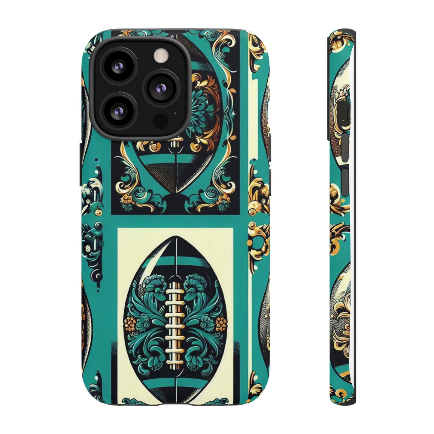 Elegant Floral Motif Phone Case - Tough Cases with Vintage Design -  Damask Teal, Gold & Black Footballs
