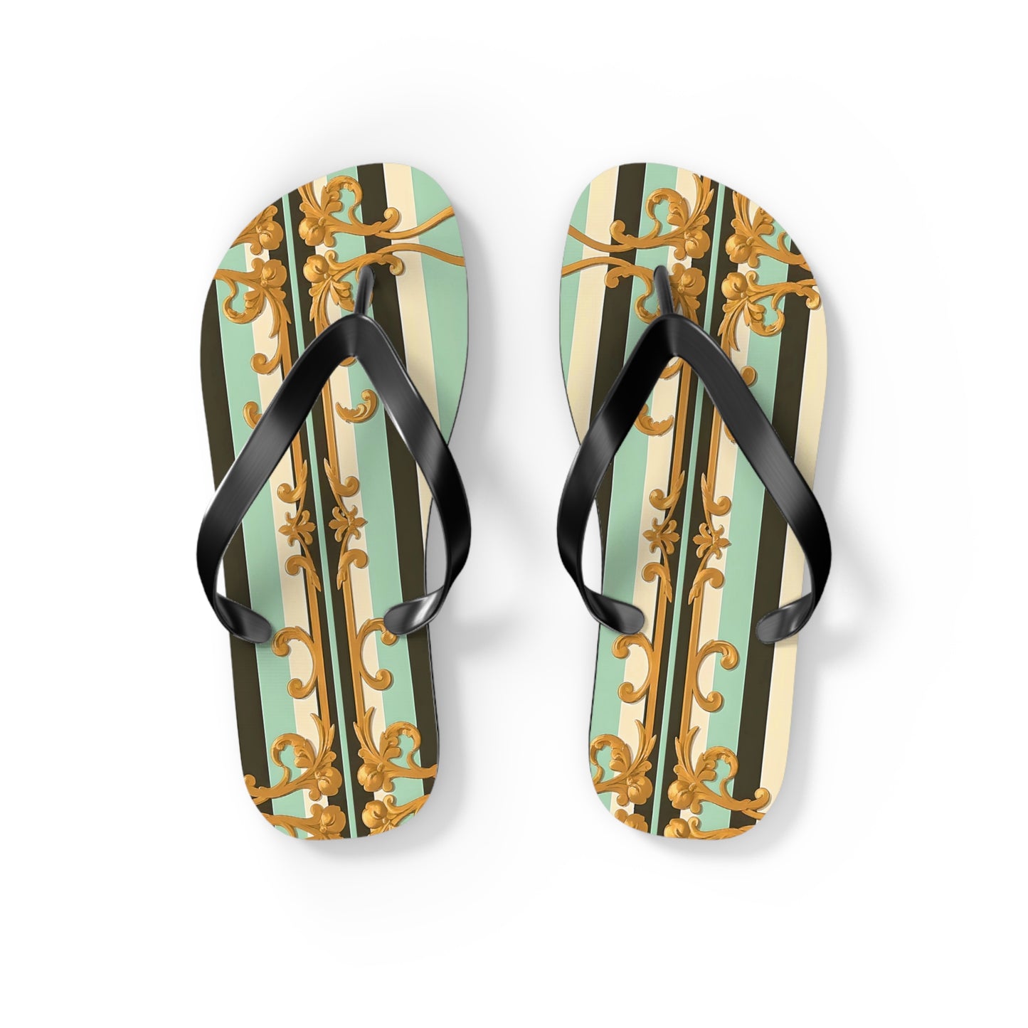Elegant Patterned Flip Flops, Summer Sandals, Vacation Footwear, Beach Day Slippers, Festival Essentials - Black & Matte Mint Striped Rococo