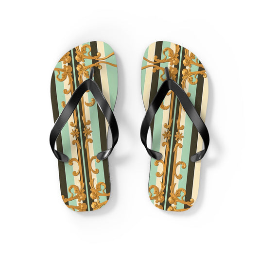 Elegant Patterned Flip Flops, Summer Sandals, Vacation Footwear, Beach Day Slippers, Festival Essentials - Black & Matte Mint Striped Rococo