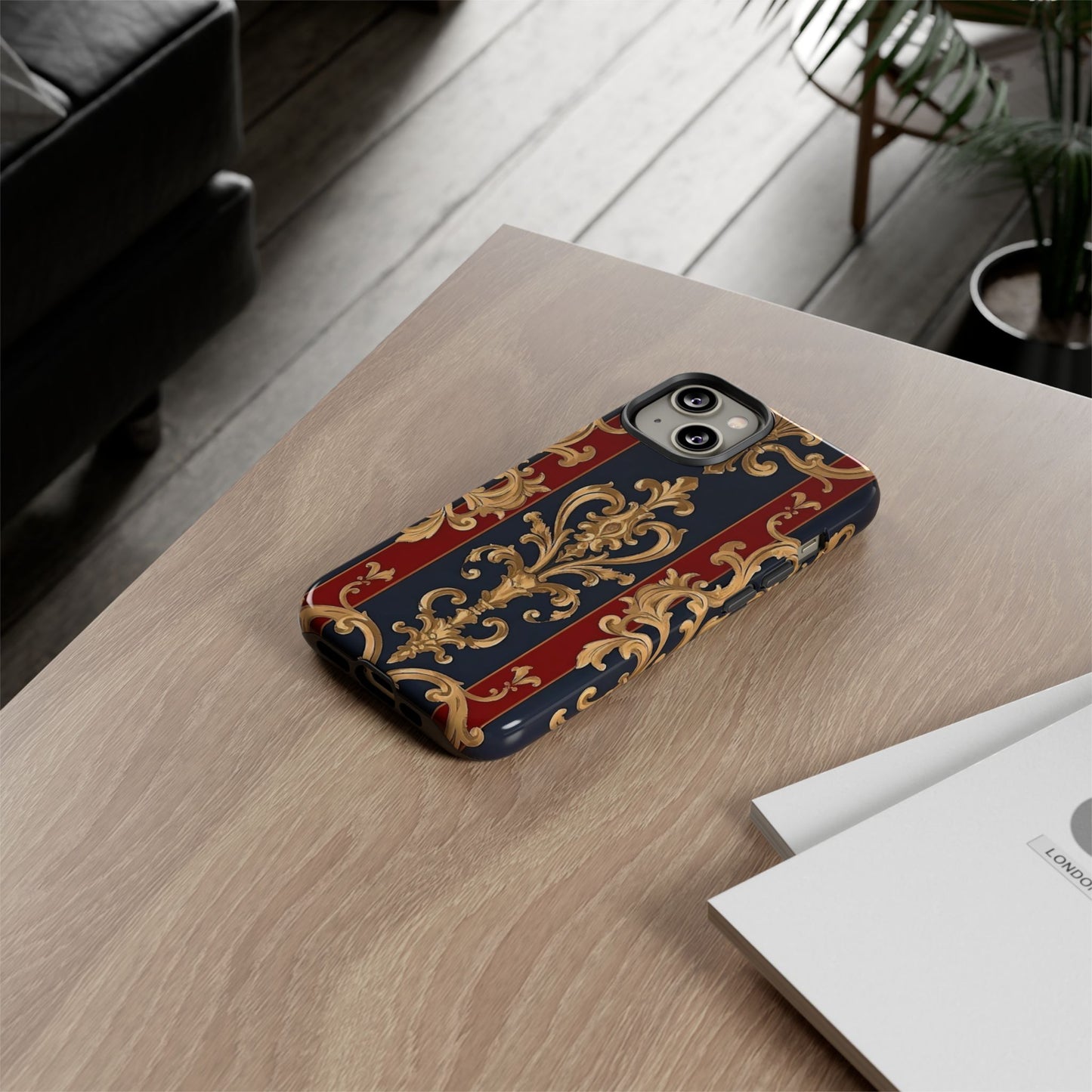 Elegant Floral Motif Phone Case - Tough Cases with Vintage Design - Midnight Blue & Dusk Red Striped Gold Damask