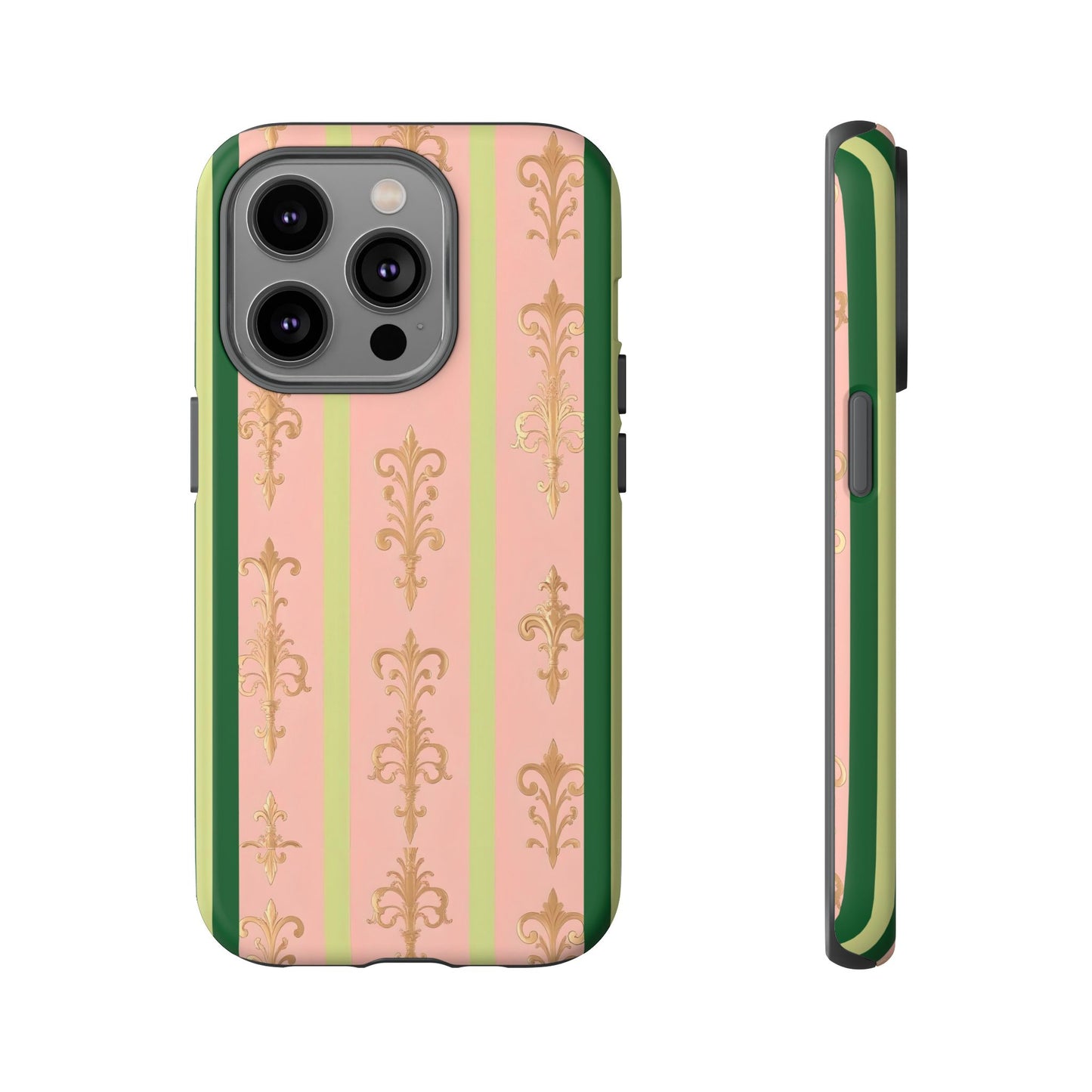 Elegant Floral Motif Phone Case - Tough Cases with Vintage Design - Lime Green & Pink Striped Damask