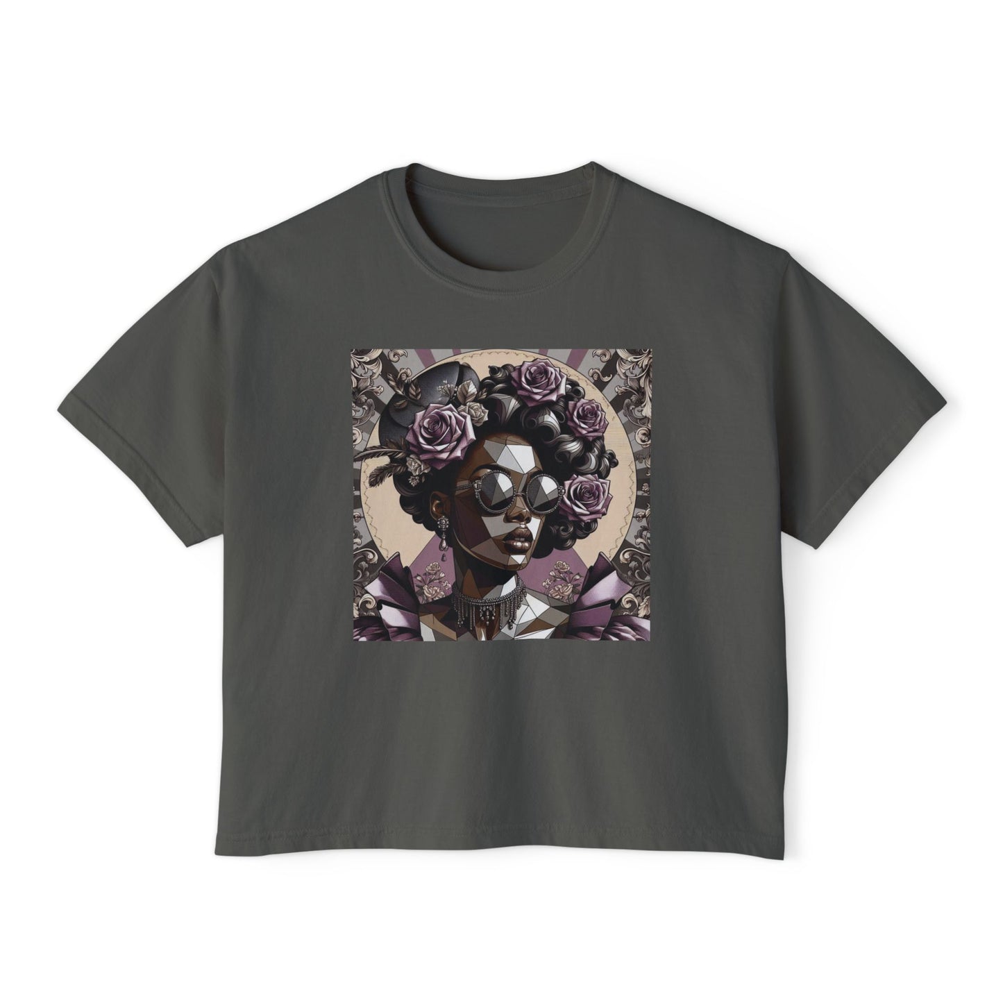 Afro Art Women's Boxy Tee, Casual Summer Fashion, Poly Art Style Top, Gifts for Her, Festival Wear - Lilac Baroque Lady