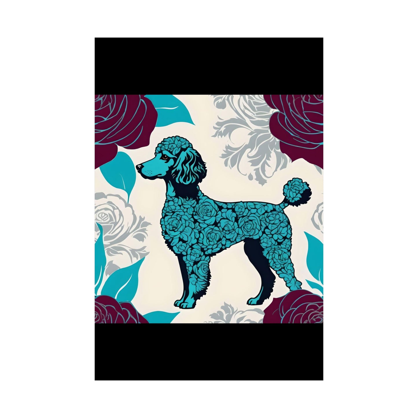 Vertical Poster - Elegant Matte Floral Art Wall Decor - Rose Inspired Turquoise Poodle With Burgundy Roses
