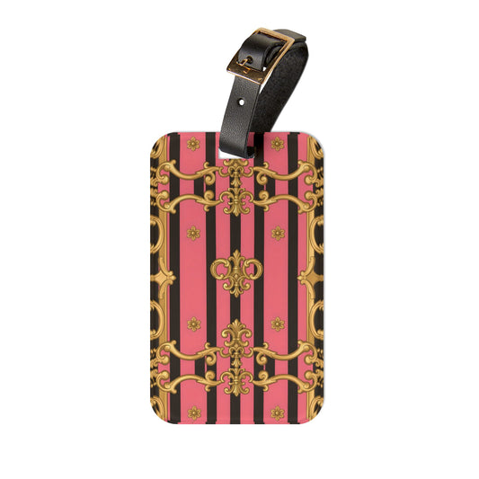 Chic Vintage Luggage Tag, Travel Accessory, Personalized Gift, Vacation Essential - Pink & Black Striped Gold Baroque
