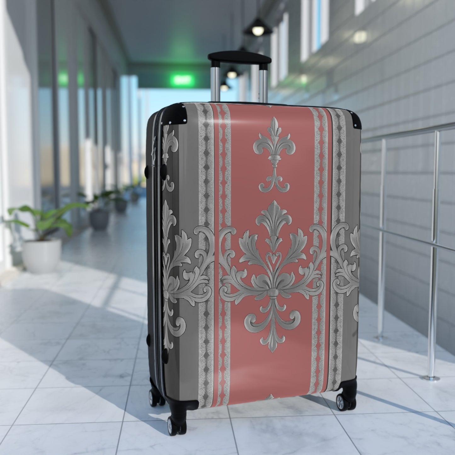 Elegant Floral Design Suitcase for Stylish Travelers - Gray & Mauve Striped Baroque