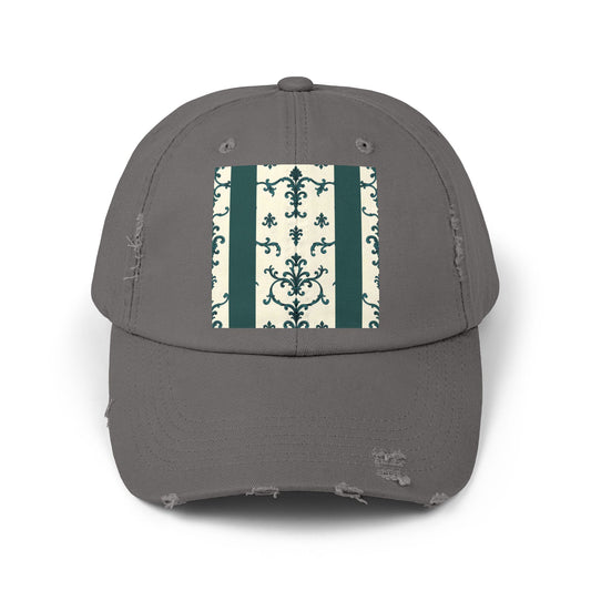 Vintage Floral Distressed Cap, Boho Style Hat, Adjustable Black Cap, Unisex Fashion Accessory, Gift for Her - Teal Striped Rococo