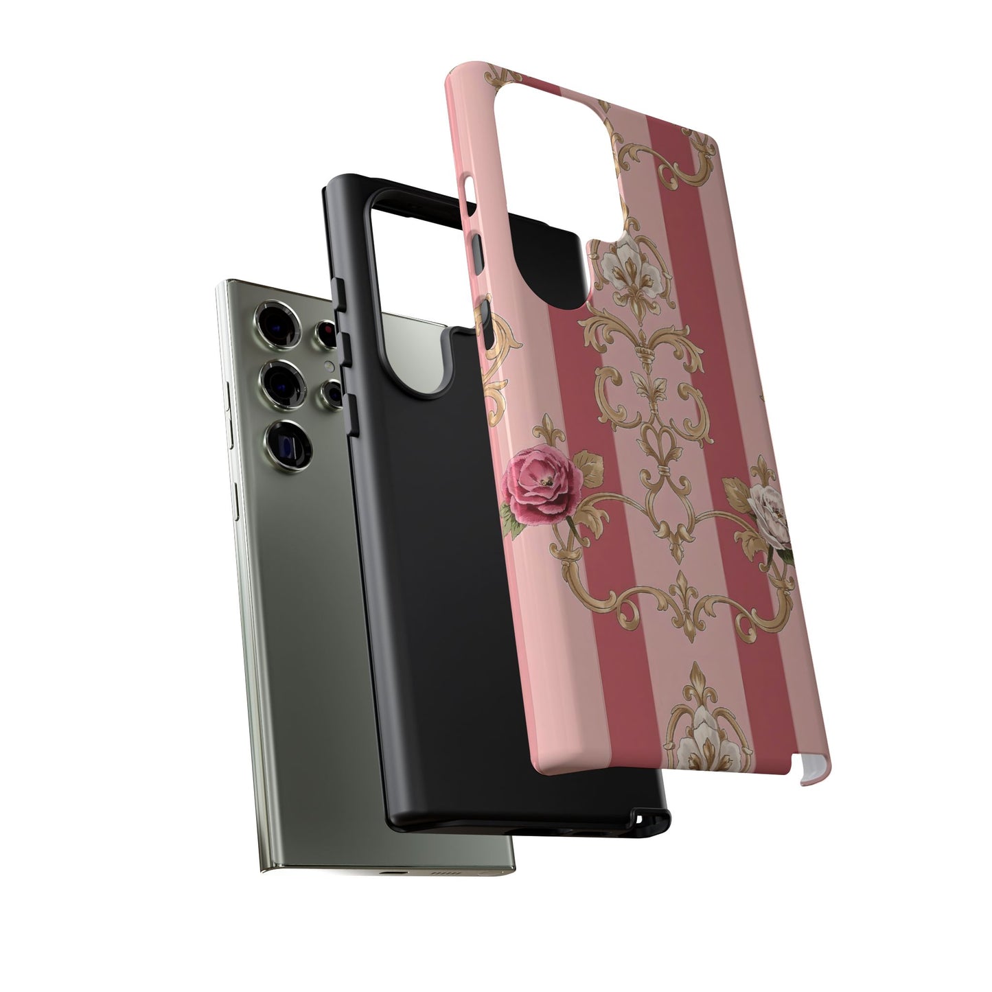 Elegant Floral Motif Phone Case - Tough Cases with Vintage Design - Pink Striped Roses & Damask