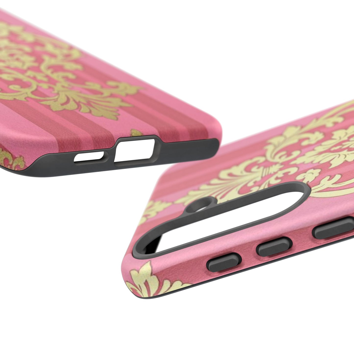 Elegant Floral Motif Phone Case - Tough Cases with Vintage Design - Pink Striped Damask
