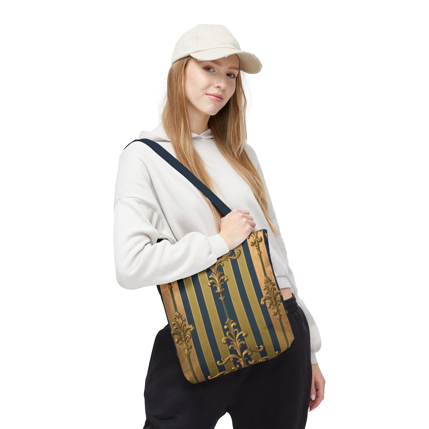 Elegant Midnight Blue & Olive Striped Gold Baroque Golden Striped Tote Bag, Stylish Shopping Bag, Trendy Handbag, Chic Gift for Her