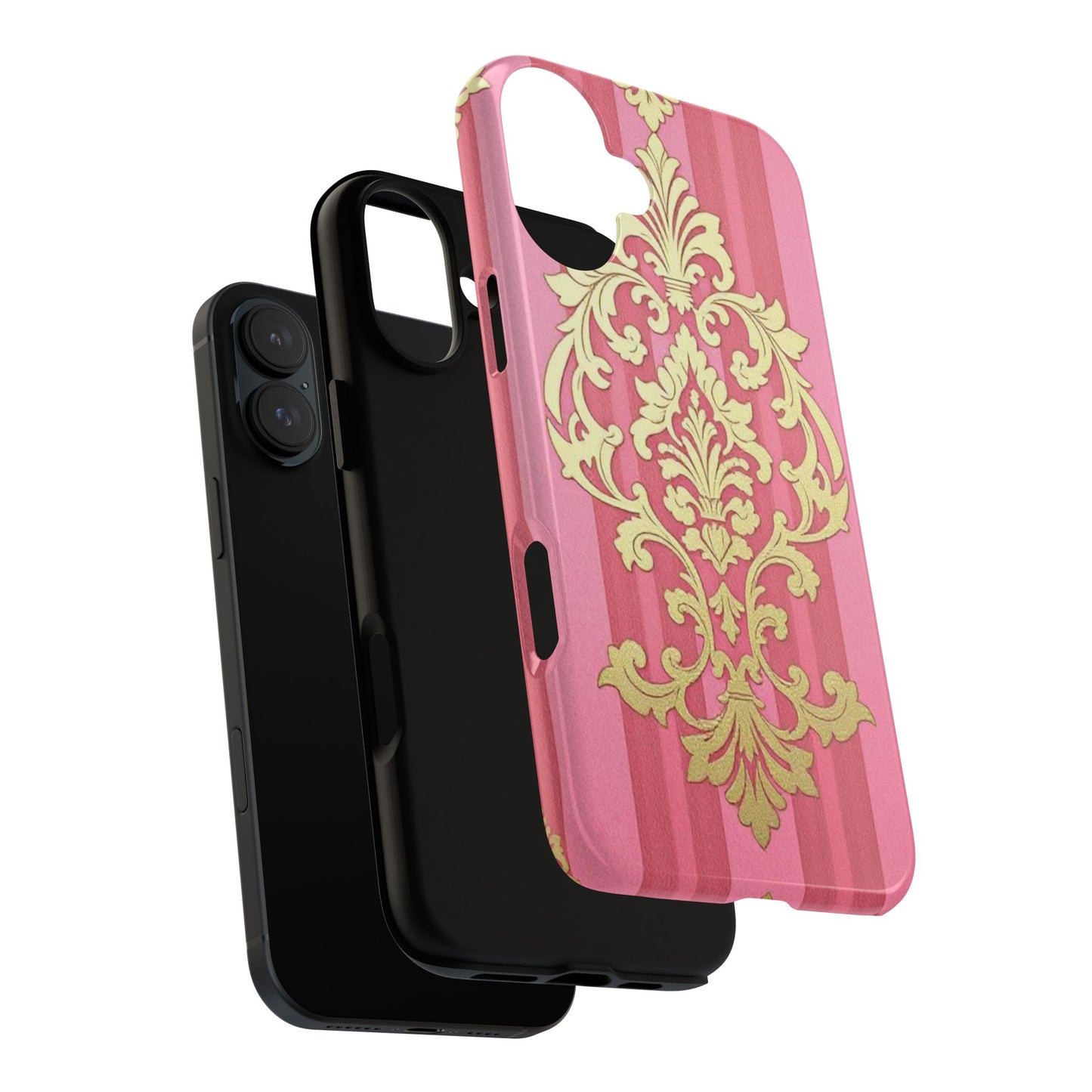 Elegant Floral Motif Phone Case - Tough Cases with Vintage Design - Pink Striped Damask