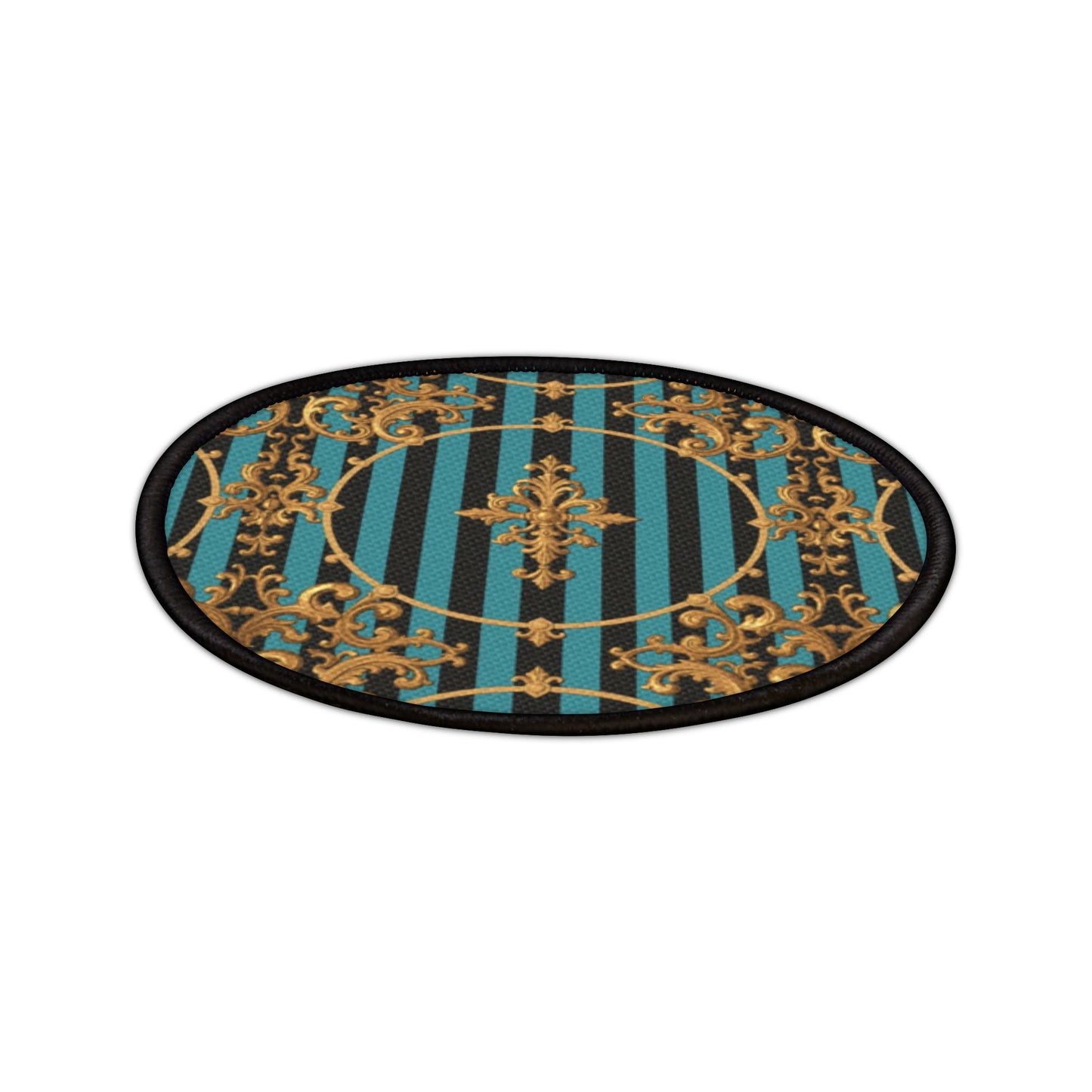 Turquoise & Black Striped Gold Baroque Iron-On Patches for Jackets, Bags, and DIY Projects | Retro Fashion, Unique Gifts