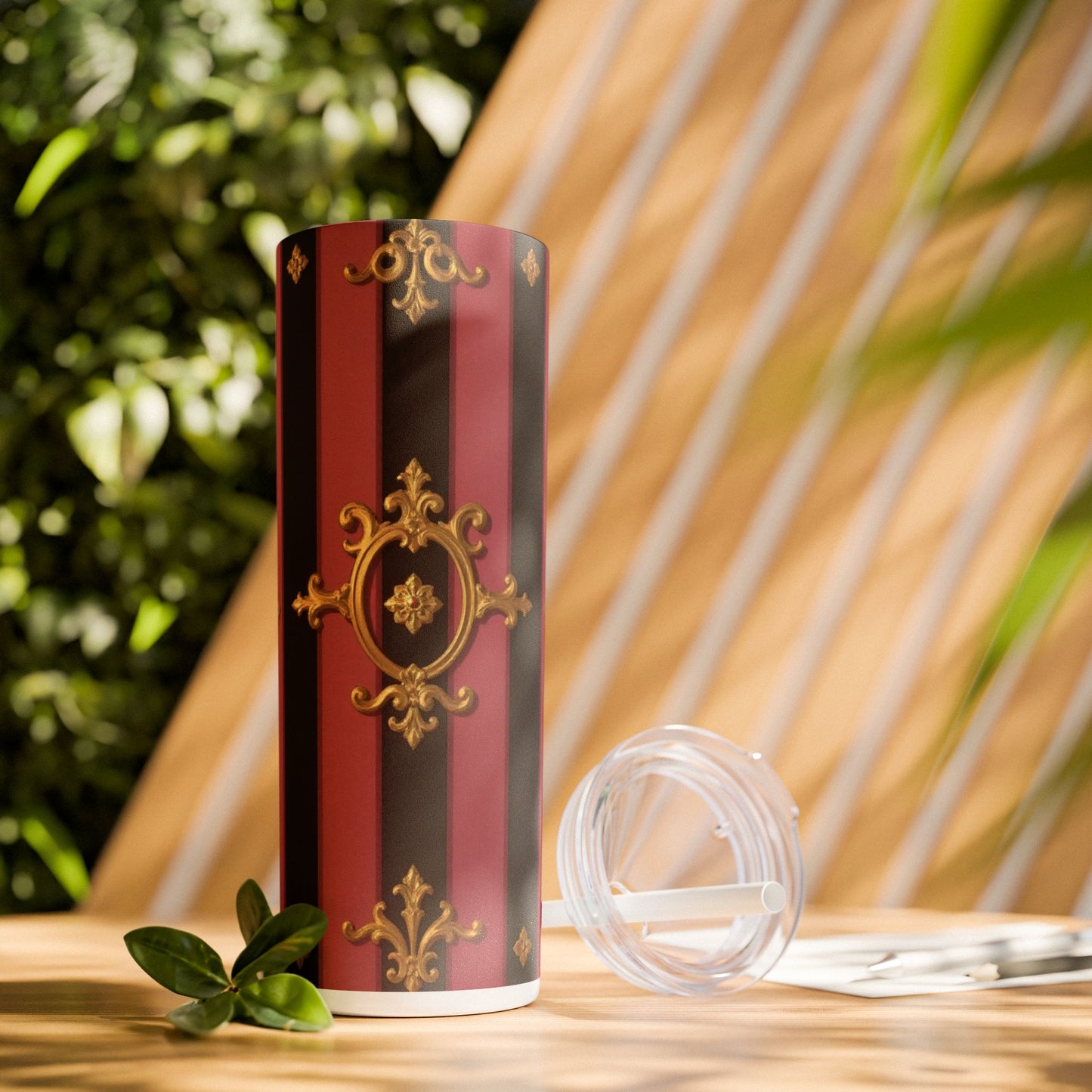 Elegant Black & Mauve Striped Gold Baroque Striped Skinny Tumbler with Straw, 20oz | Vintage Gold Accent Drinkware, Wedding Gift, Party Favor, Travel Mug