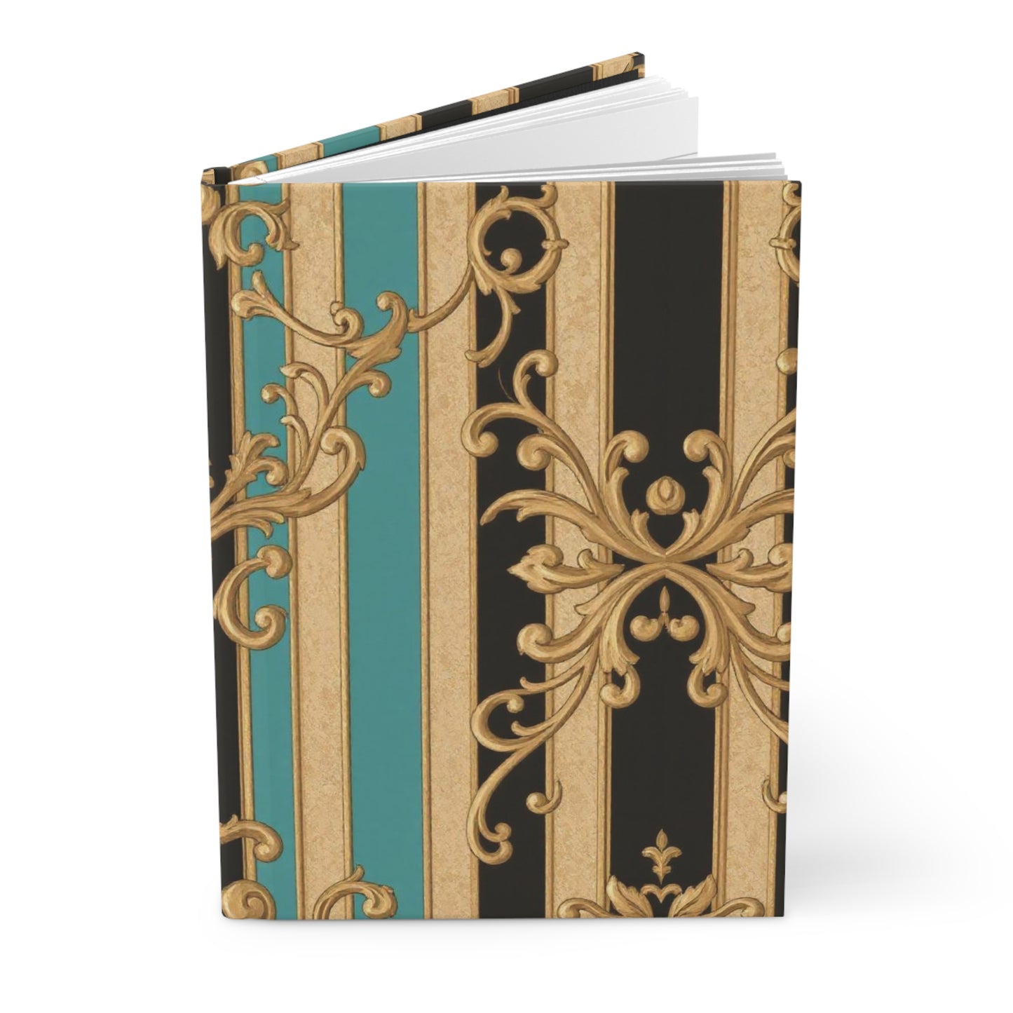 Elegant Black, Tan & Ocean Green Striped Gold Baroque Hardcover Journal with Ornate Design, Stylish Notebook, Writing Journal, Stationery Gift