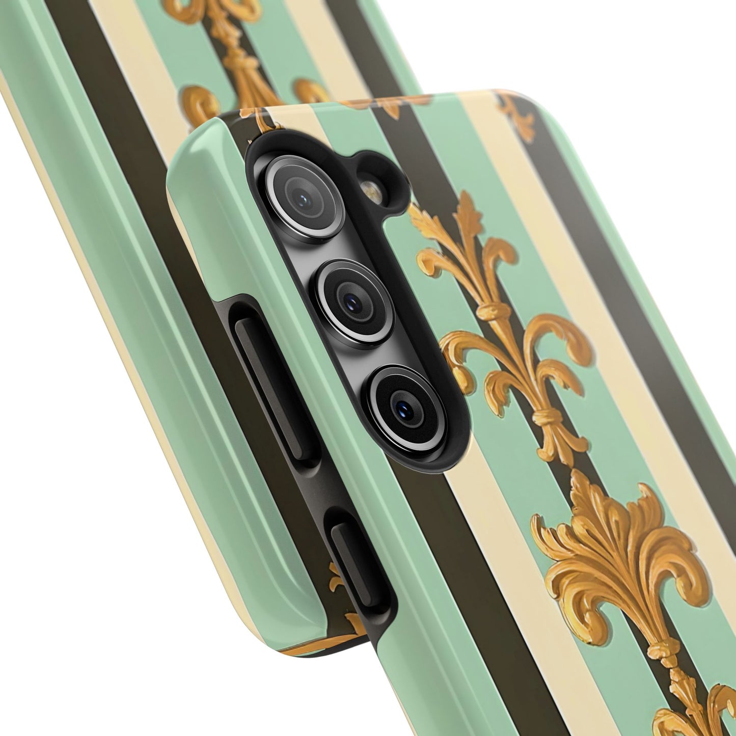Elegant Floral Tough Phone Cases - Stylish Protection for All Occasions, Gifts for Her, Phone Covers - Black & Matte Mint Striped Rococo