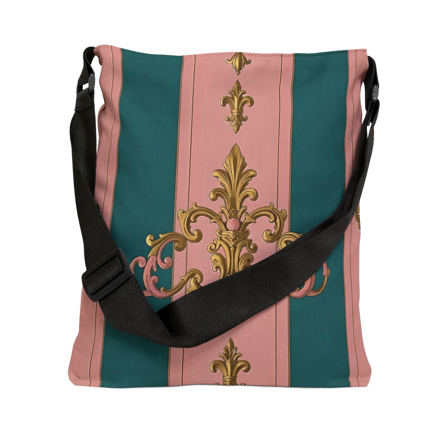 Chic Adjustable Tote Bag - Elegant Floral Design, Fashion Accessory, Everyday Bag, Gift for Her - Pink & Teal Striped Gold Baroque