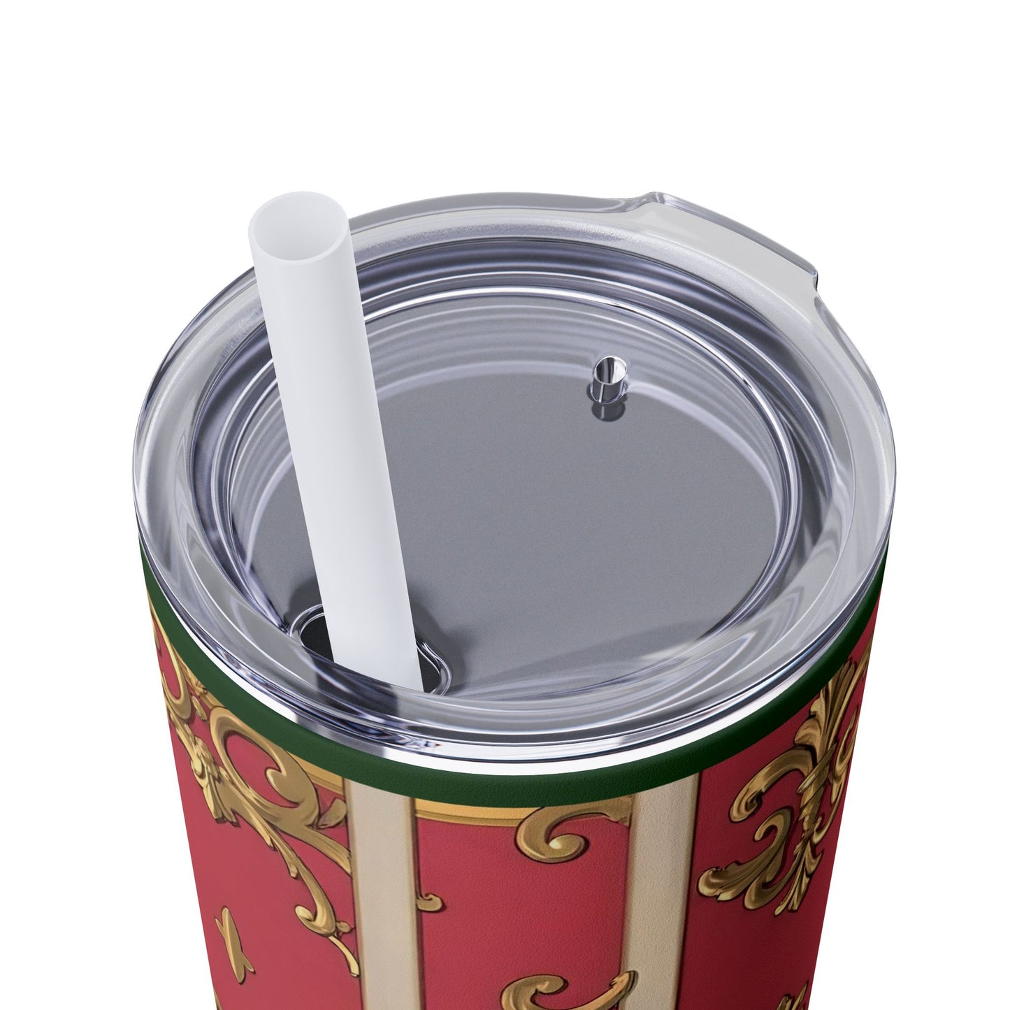 Elegant Green Border Pink Striped Baroque Skinny Tumbler with Straw, Reusable Travel Mug, Gift for Her, Fashionable Drinkware