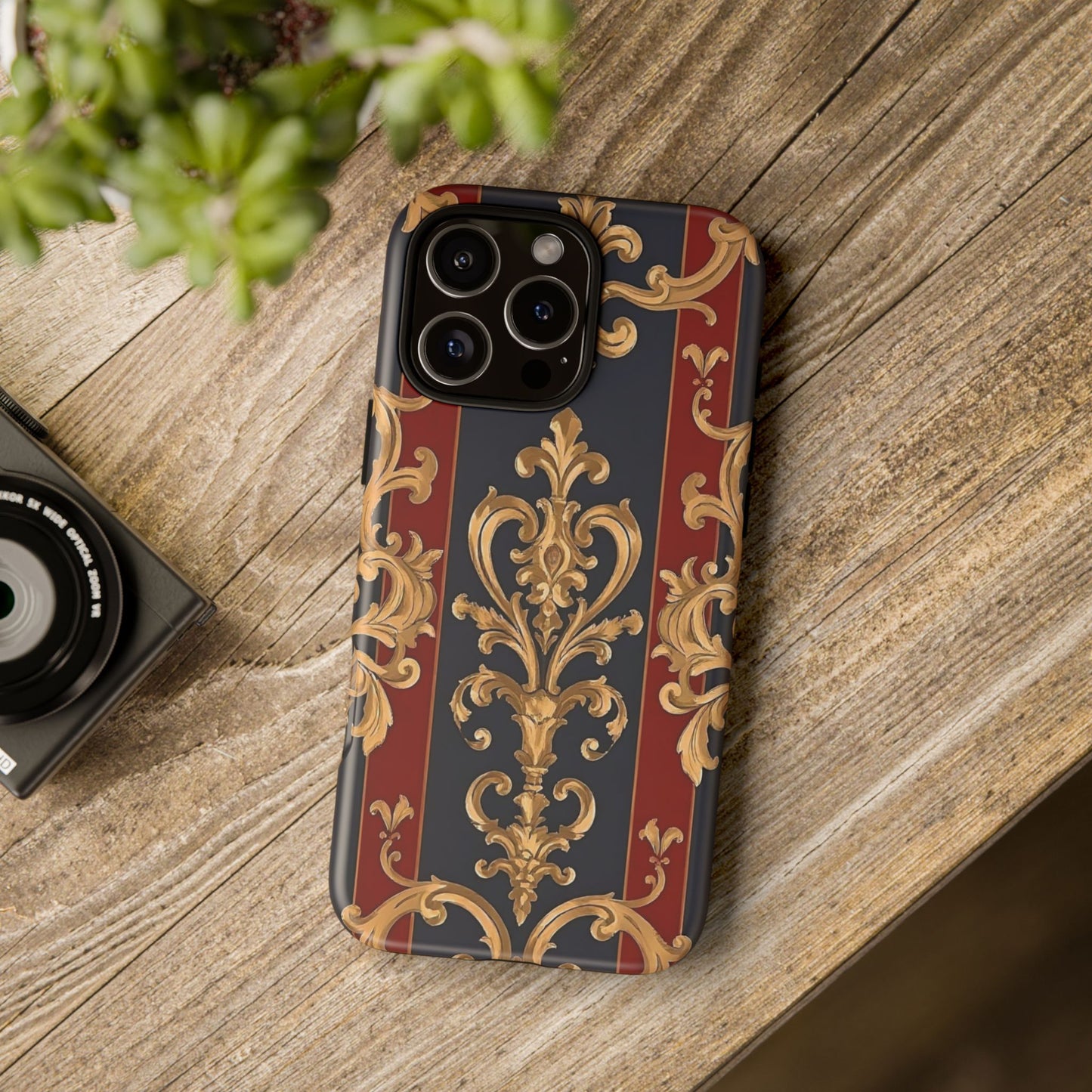 Elegant Floral Motif Phone Case - Tough Cases with Vintage Design - Midnight Blue & Dusk Red Striped Gold Damask
