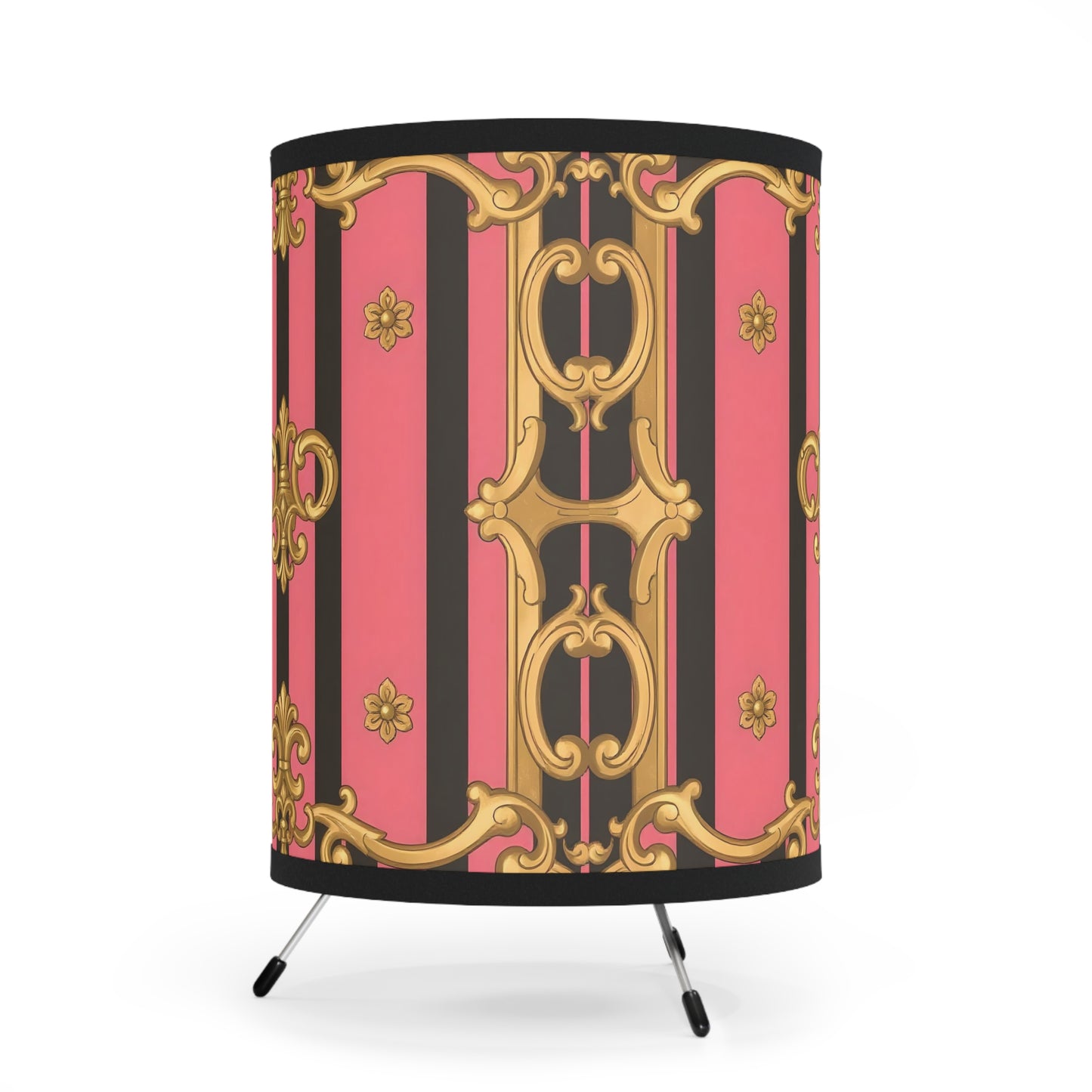 Luxurious Tripod Lamp, Decorative Table Light, Boho Home Decor, Unique Gift for Her - Pink & Black Striped Gold Baroque