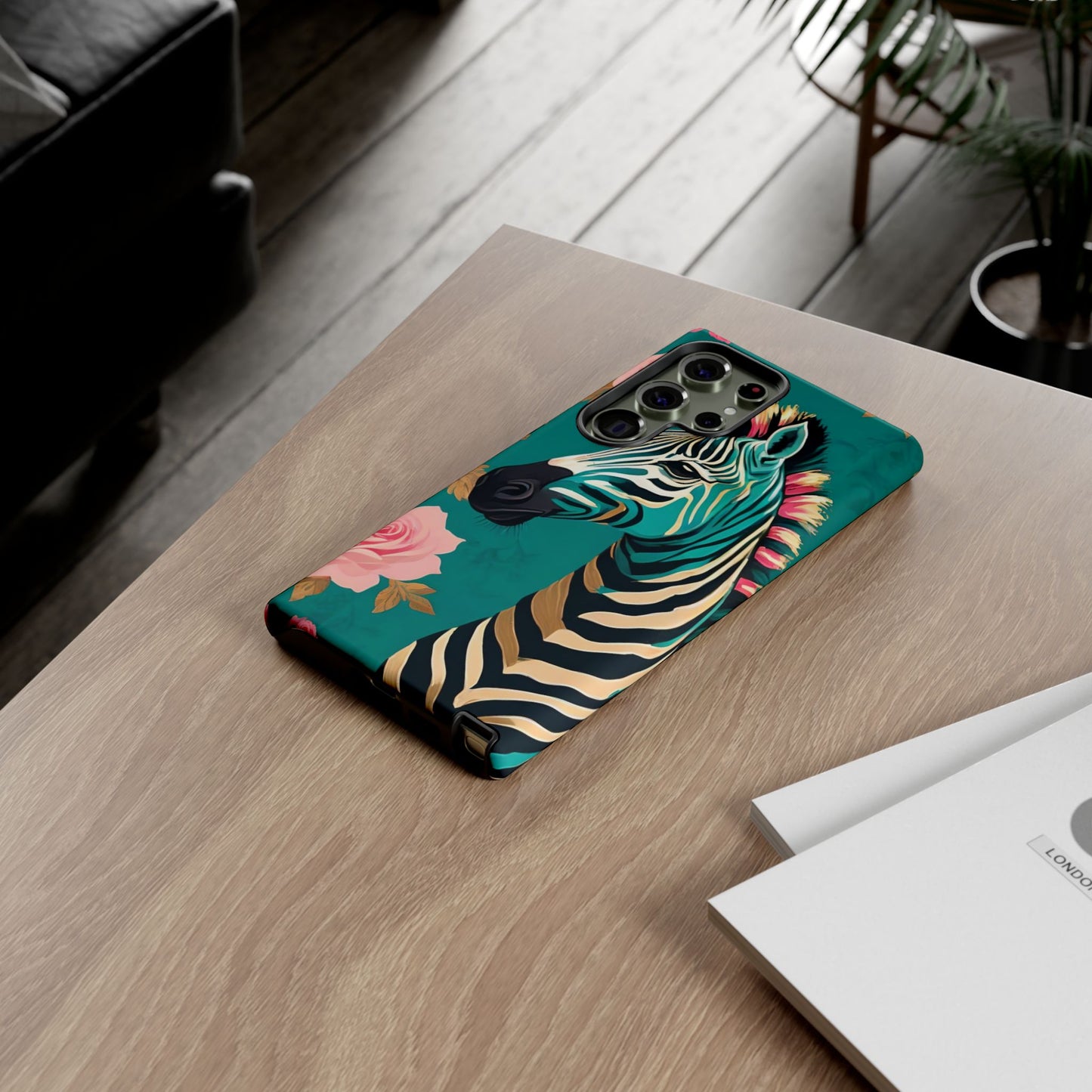 Phone Case - Elegant Teal & Gold Zebra & Roses Design