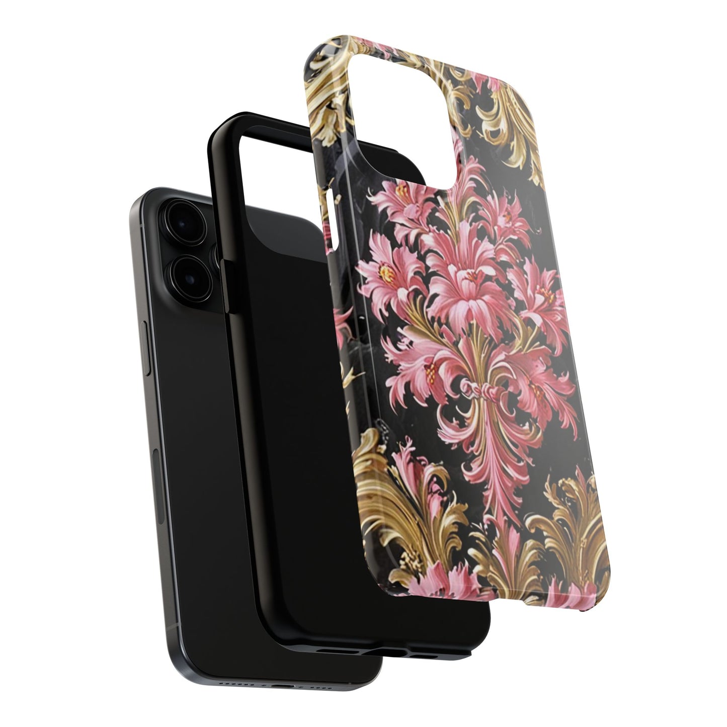 Elegant Floral Tough Phone Cases | Stylish Protection for Her | Gift for Birthdays - Black & Pink Oil Painting Style Rococo