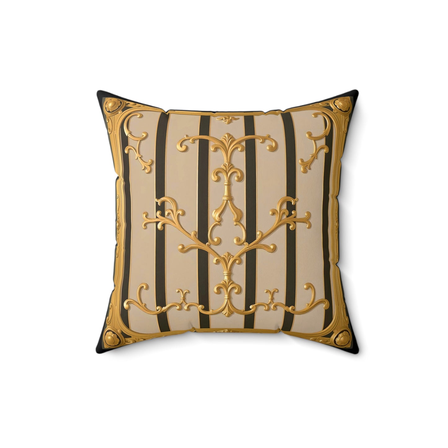 Elegant Faux Suede Square Pillow with Ornate Design, Decorative Cushion, Home Decor, Luxury Throw Pillow - Beige Striped Gold Rococo
