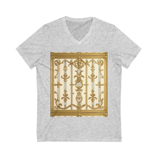 Elegant Gold Baroque V-Neck Tee for Art Lovers, Fashion Gift, Casual Wear, Summer Style