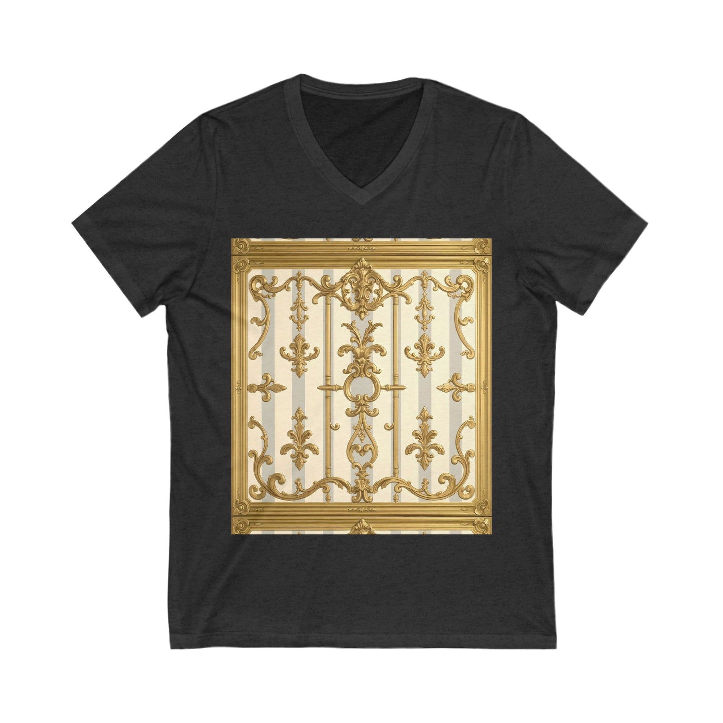 Elegant Gold Baroque V-Neck Tee for Art Lovers, Fashion Gift, Casual Wear, Summer Style