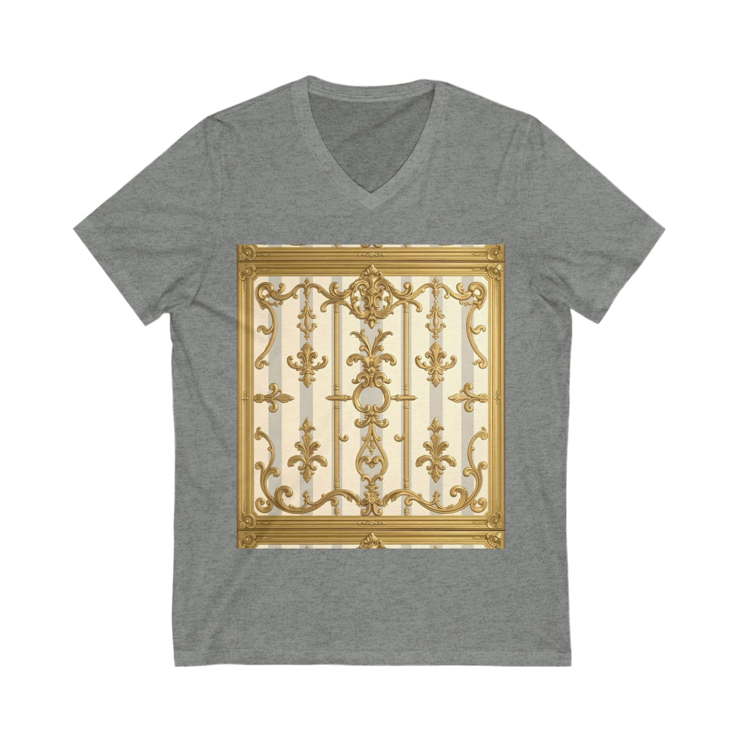 Elegant Gold Baroque V-Neck Tee for Art Lovers, Fashion Gift, Casual Wear, Summer Style