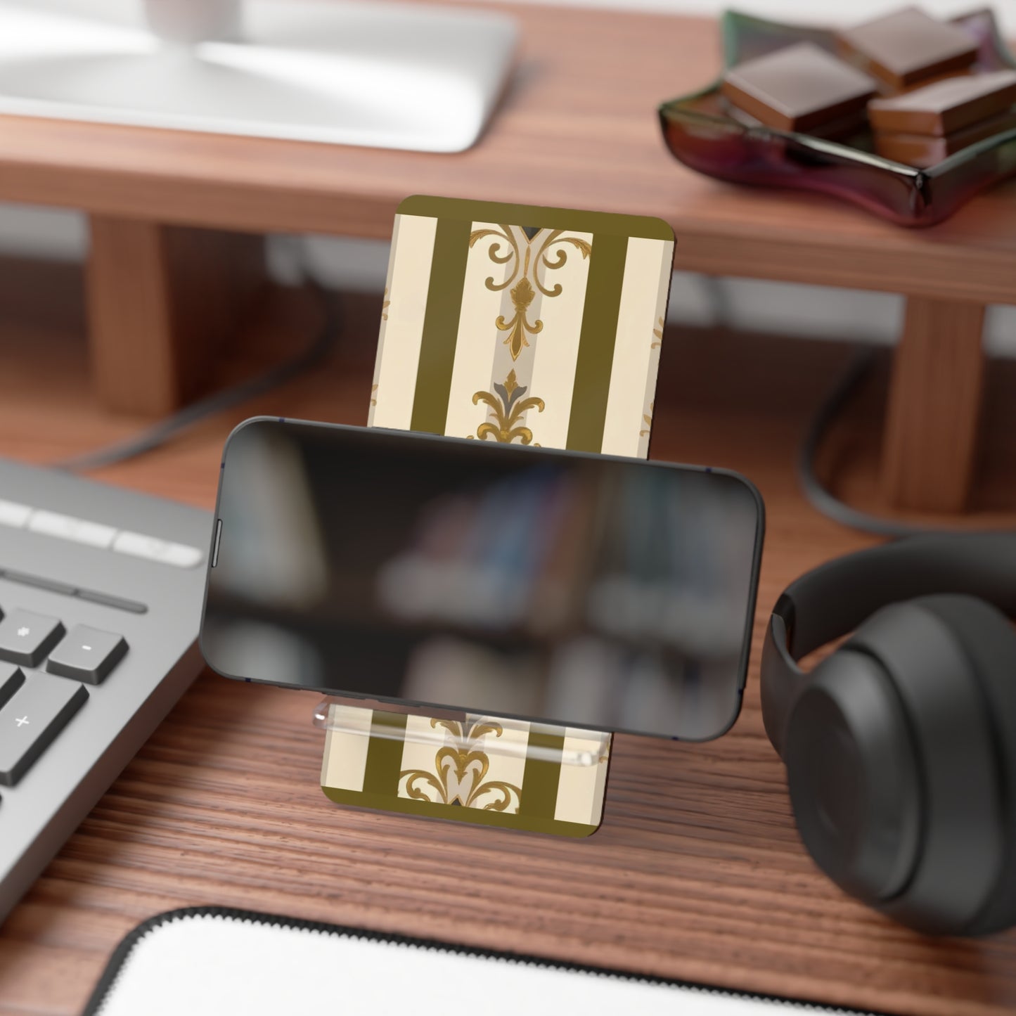 Elegant Floral Smartphone Display Stand - Olive Striped Gold Damask - Decorative Mobile Holder