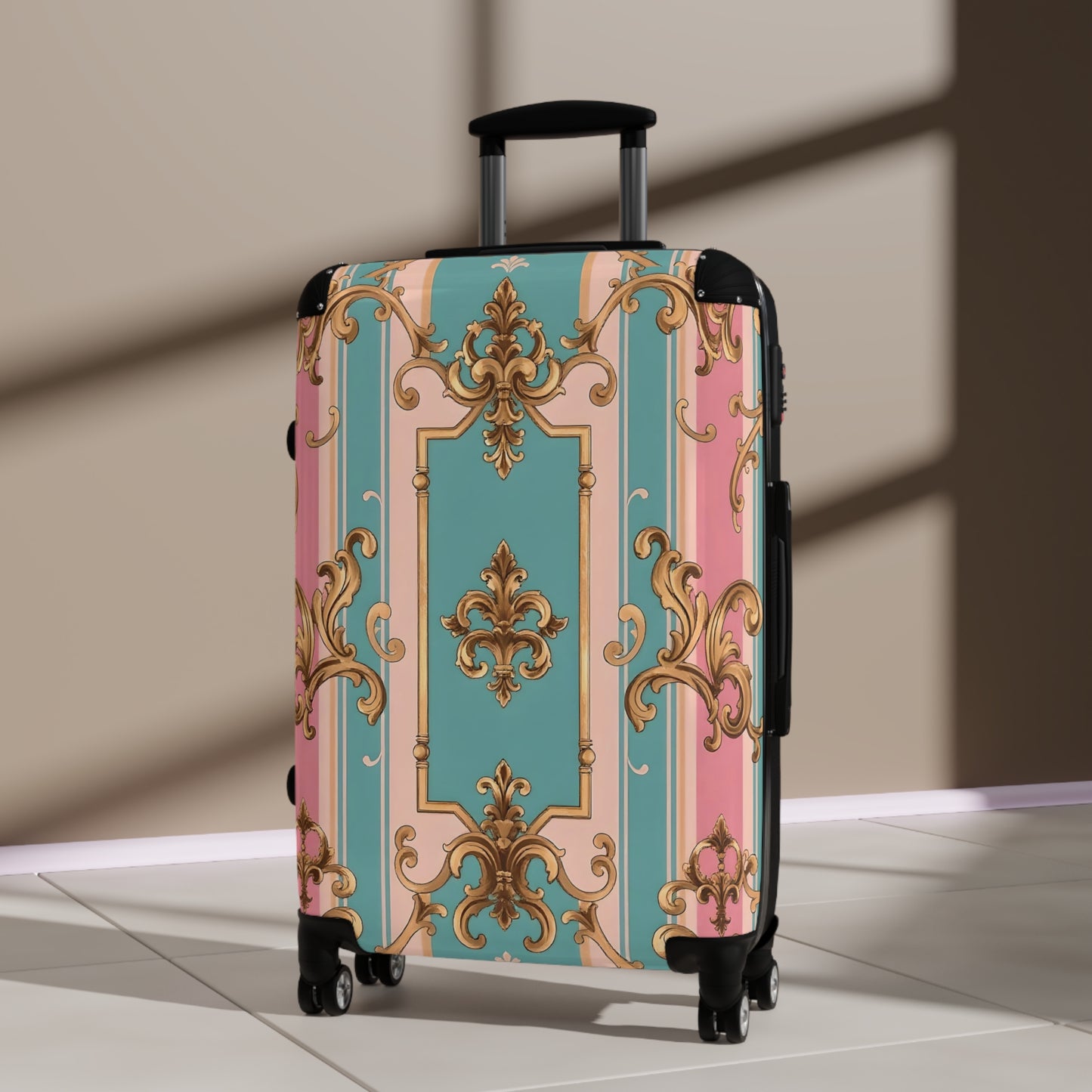 Chic Travel Suitcase - Stylish Carry-On Luggage for Jetsetters, Vacation Days, Weekend Getaways - Pink & Matte Turquoise Striped Rococo