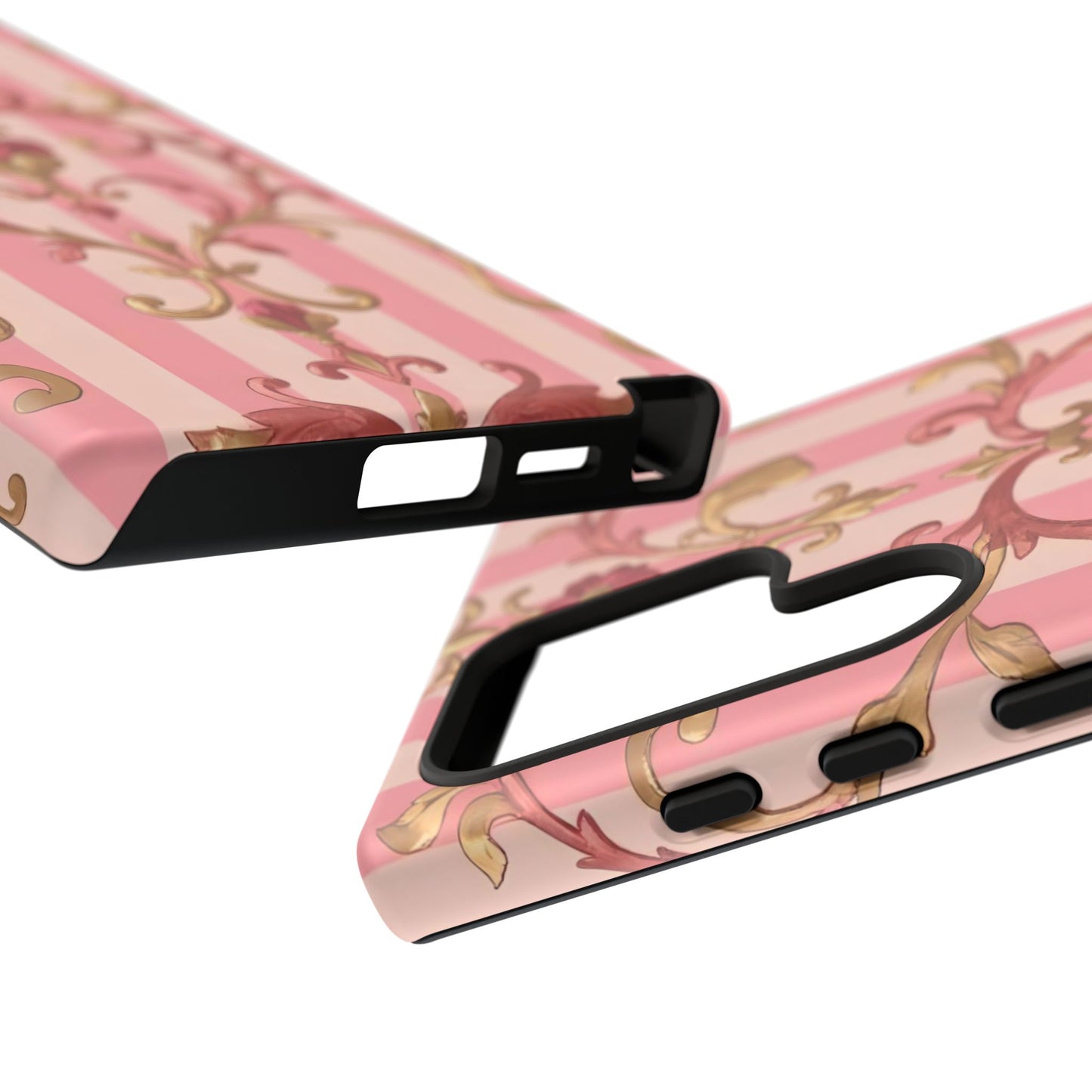 Elegant Floral Motif Phone Case - Tough Cases with Vintage Design - Pink Striped Rose Gold Damask