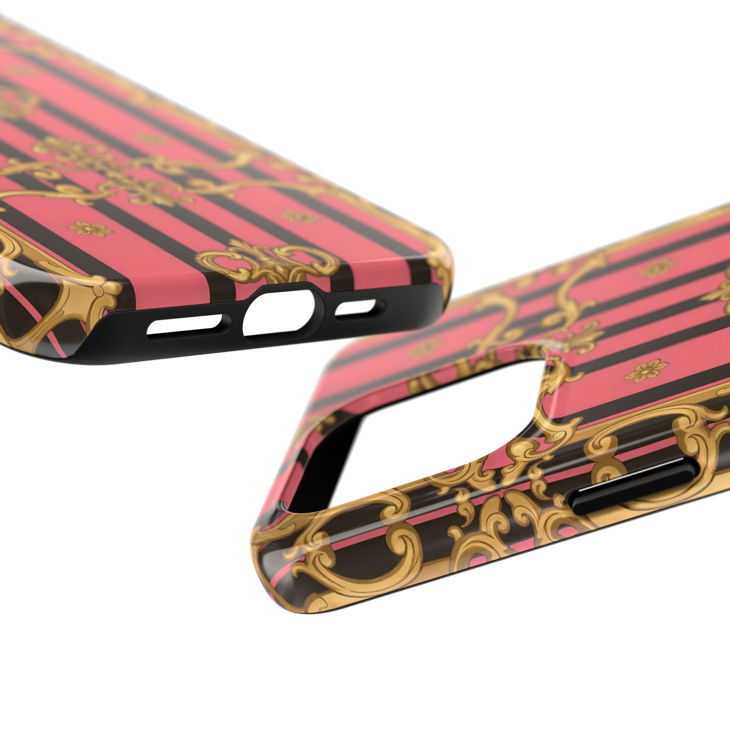 Elegant Baroque Tough Phone Cases, Stylish Protection, Gift for Her, Trendy Accessory - Pink & Black Striped Gold Baroque