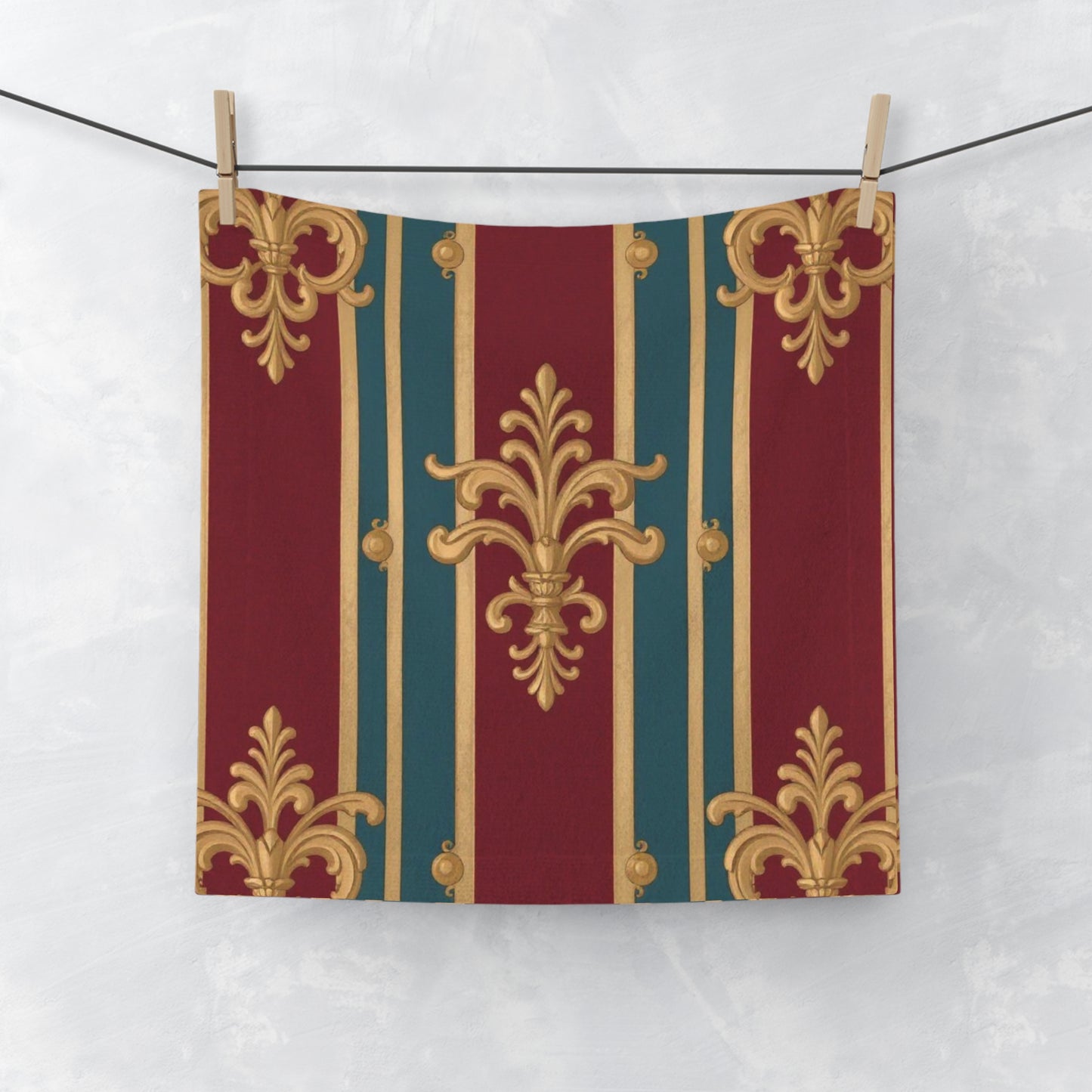Luxurious Decorative Face Towel, Elegant Gifts, Bathroom Decor, Spa Accessories, Hostess Gifts - Burgundy Striped Gold Baroque