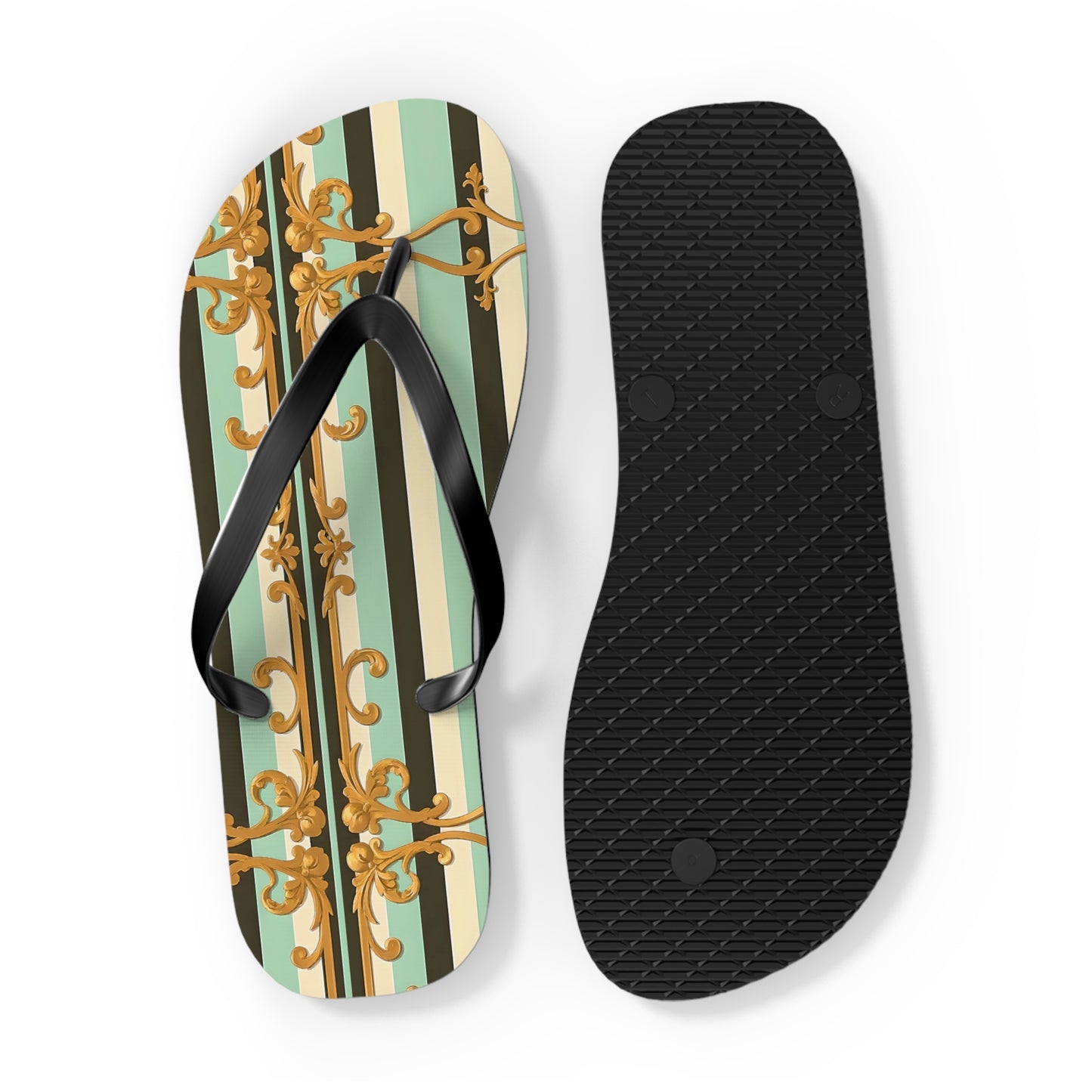Elegant Patterned Flip Flops, Summer Sandals, Vacation Footwear, Beach Day Slippers, Festival Essentials - Black & Matte Mint Striped Rococo