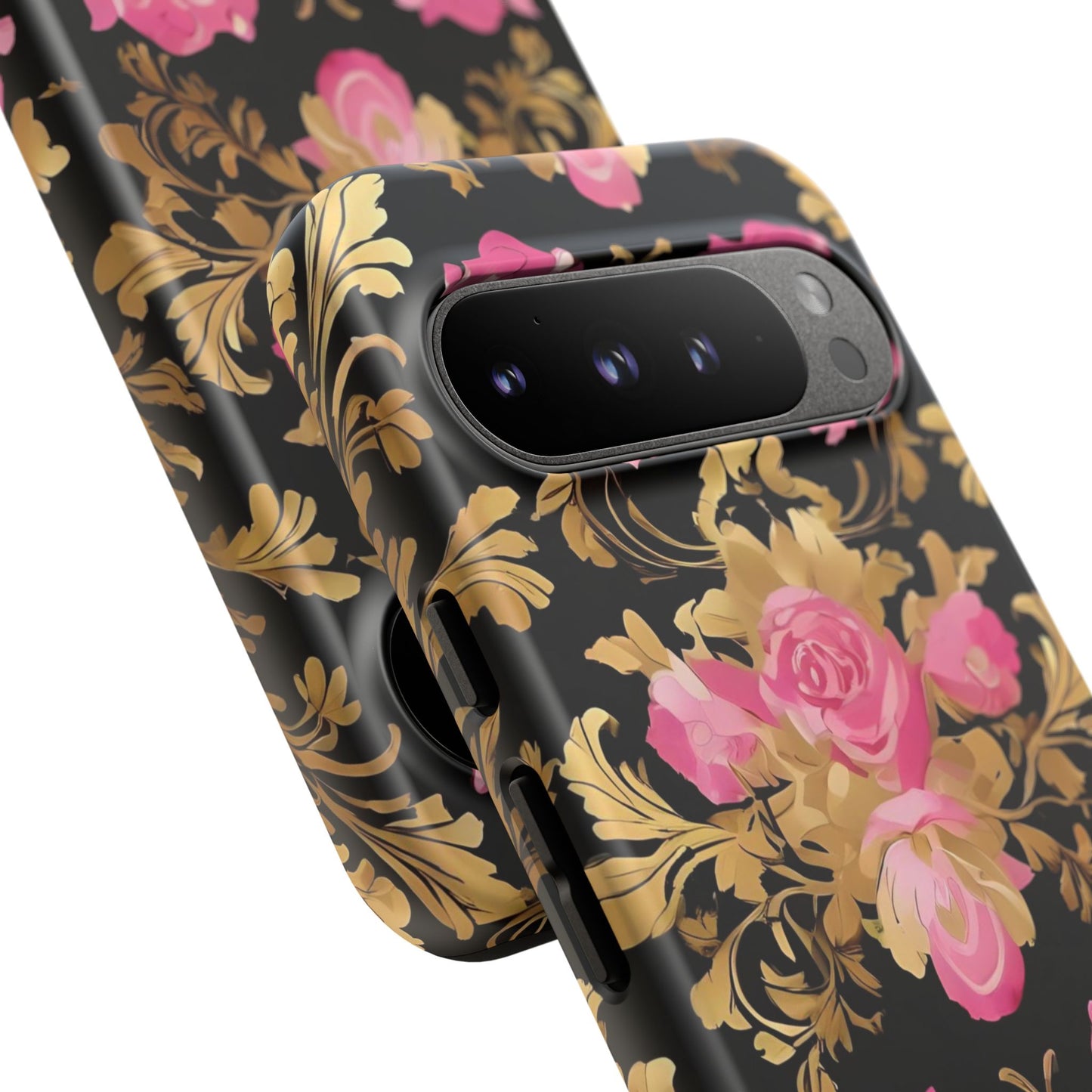 Elegant Floral Motif Phone Case - Tough Cases with Vintage Design - Pink & Gold Roses