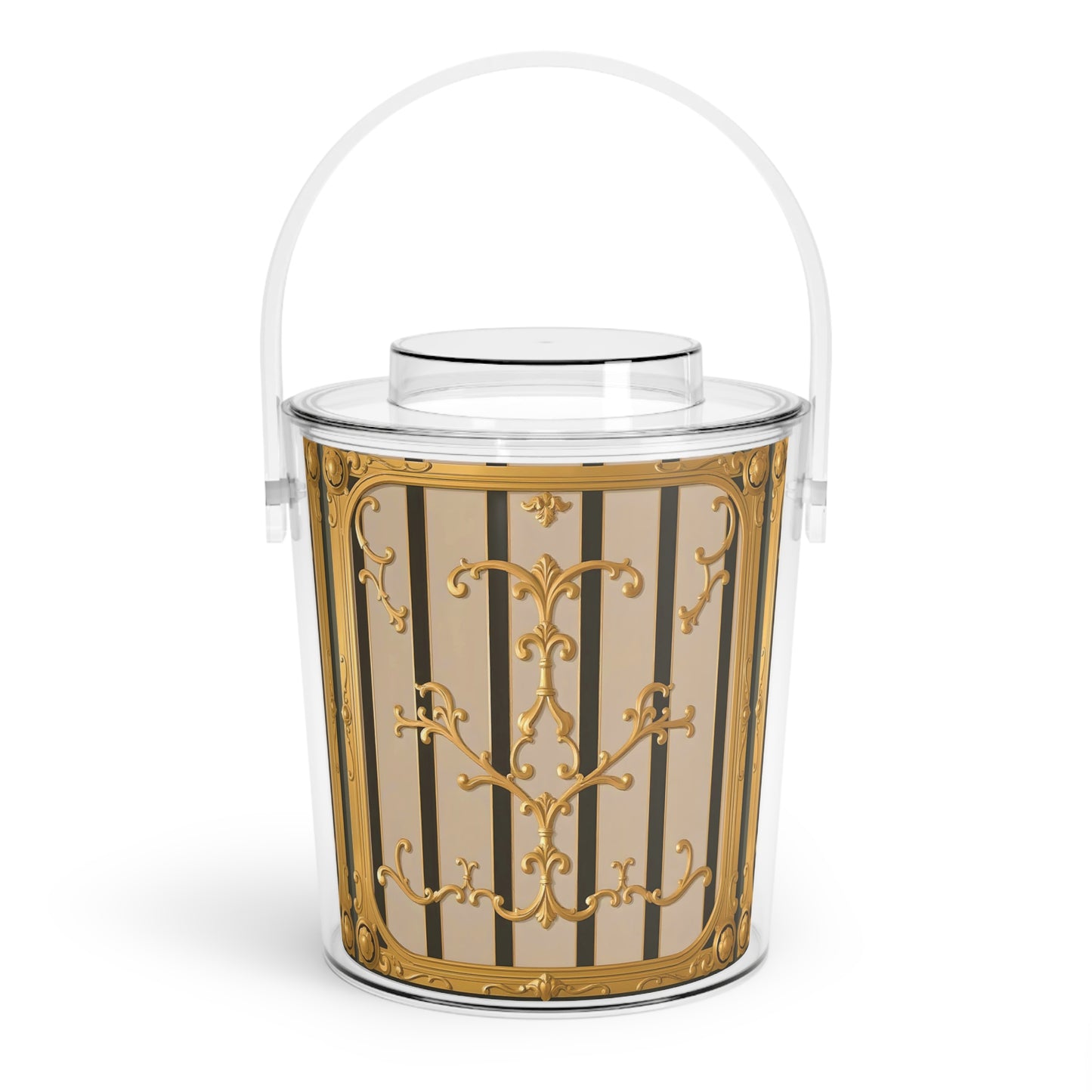 Elegant Decorative Ice Bucket with Tongs, Perfect for Parties, Weddings, Barbecues, Gift for Beverage Lovers - Beige Striped Gold Rococo