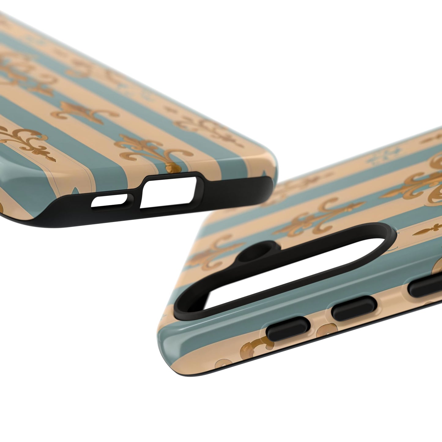 Elegant Floral Motif Phone Case - Tough Cases with Vintage Design -  Beige & Sky Blue Striped Gold Damask
