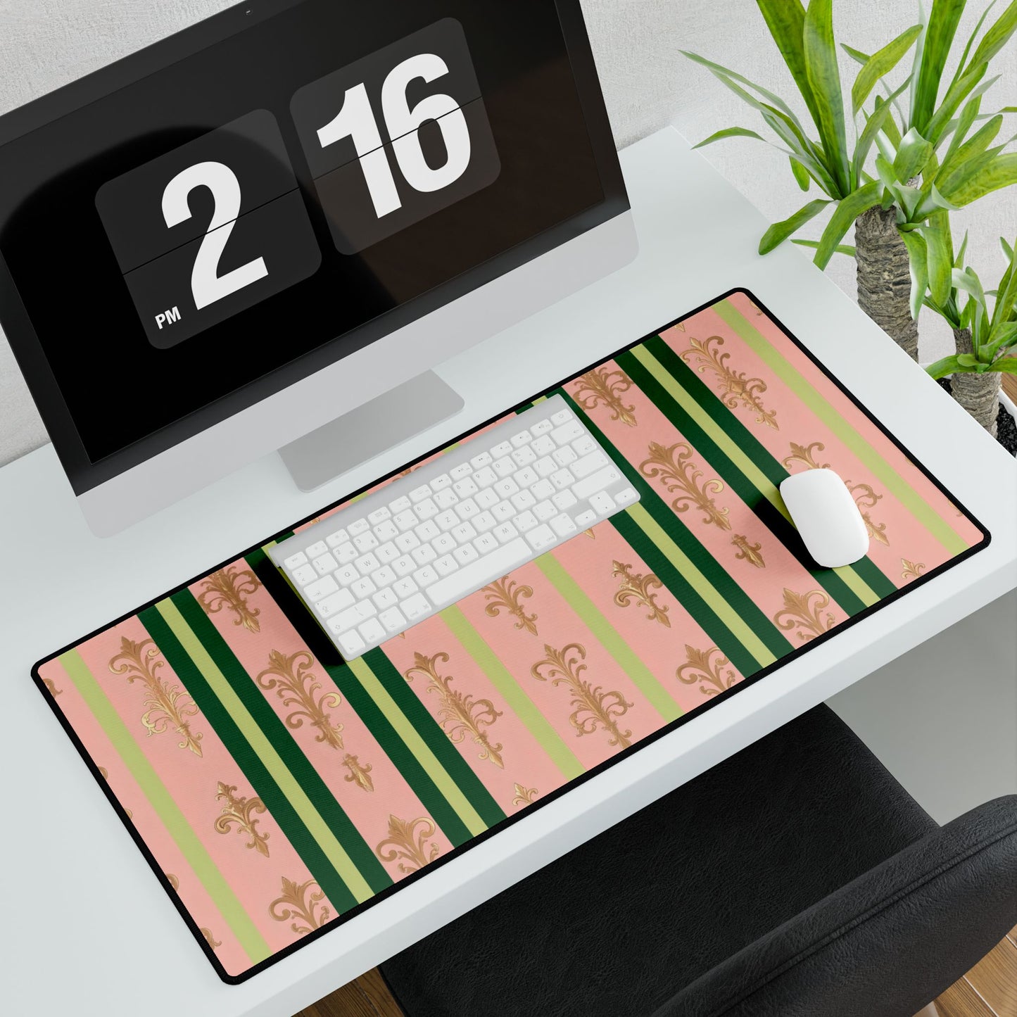 Elegant Floral Motif Desk Mat for Home Office Decor - Lime Green & Pink Striped Damask
