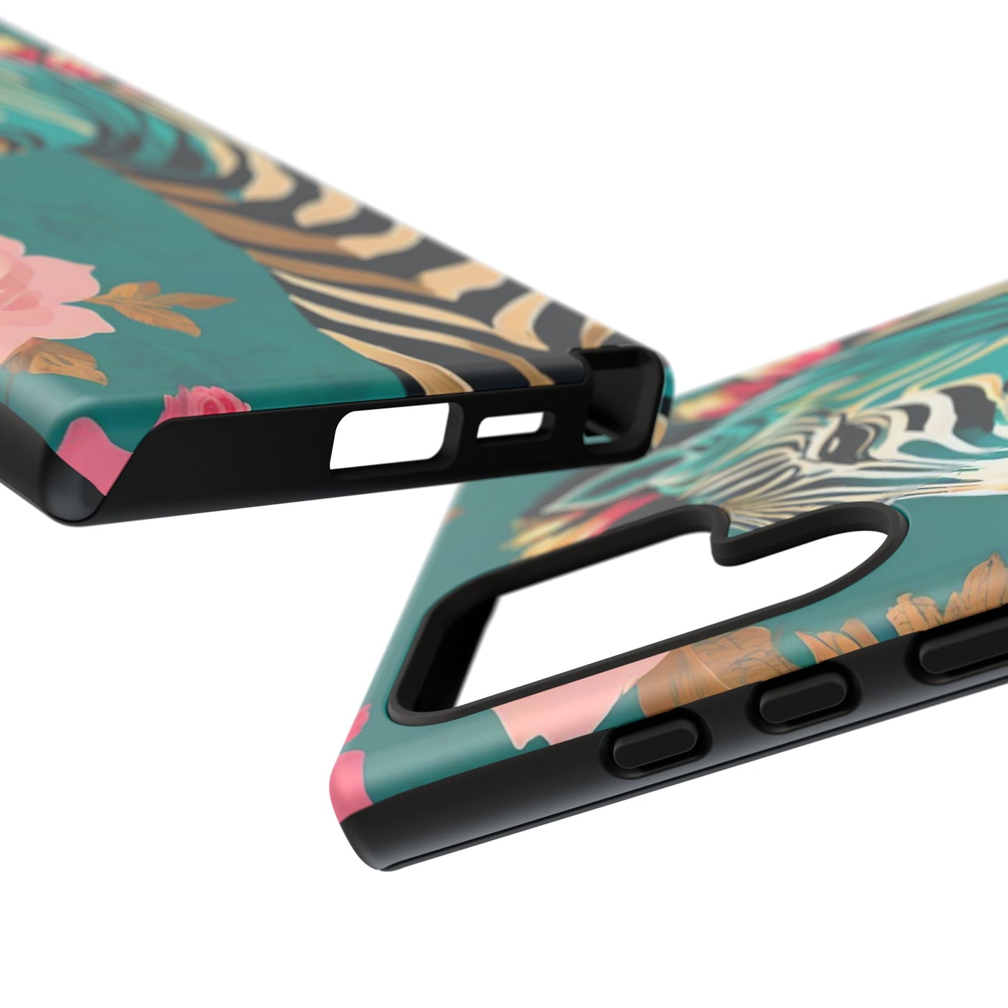 Phone Case - Elegant Teal & Gold Zebra & Roses Design