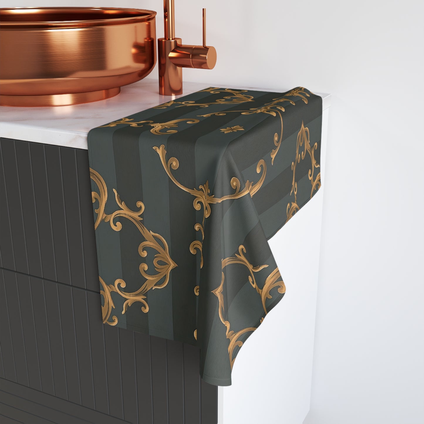 Elegant Ornate Hand Towel - Luxe Bathroom Decor - Gray Striped Baroque