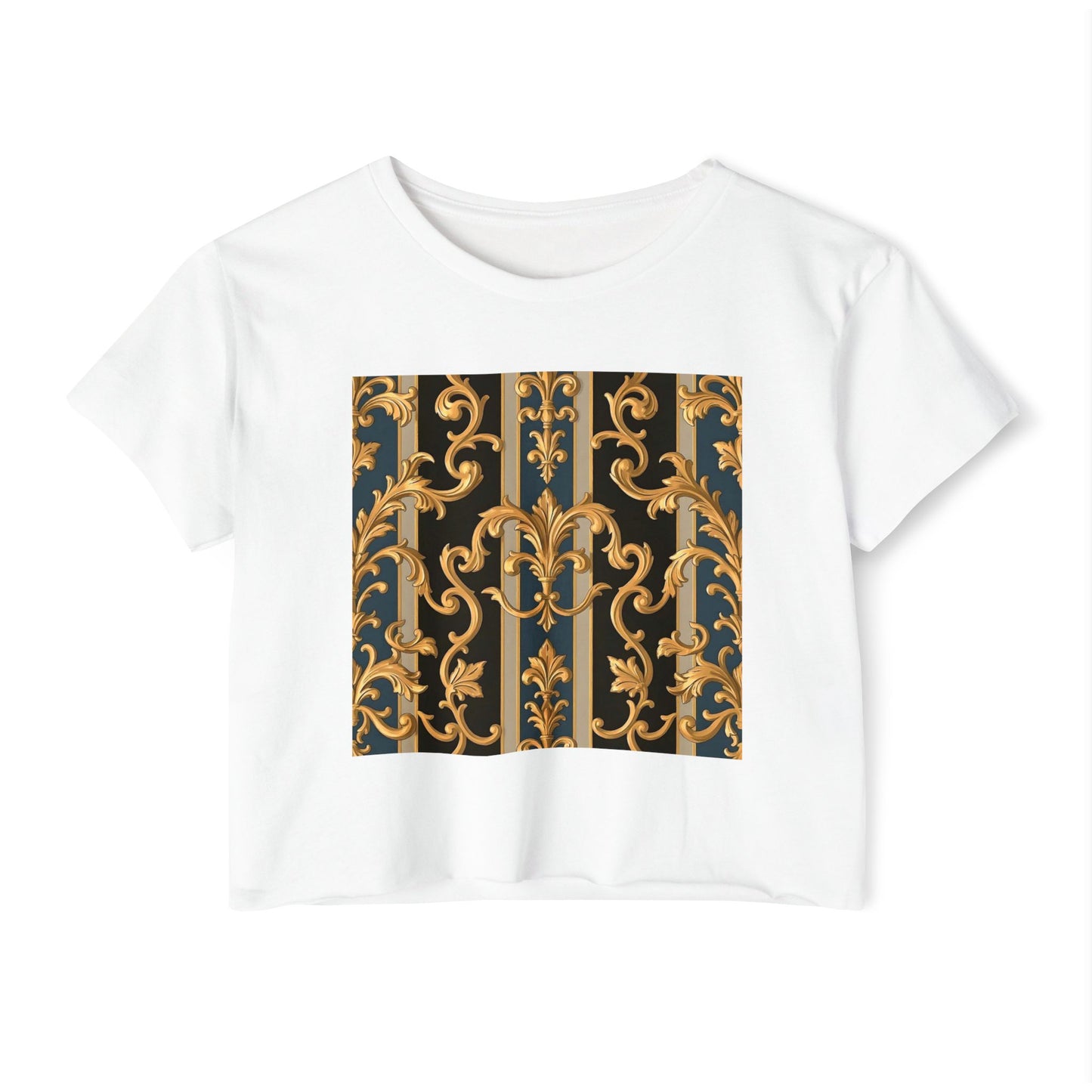 Women’s Festival Crop Top with Stylish Floral Pattern - Summer Outfit, Boho Chic, Concert Wear - Blue & Black Striped Rococo